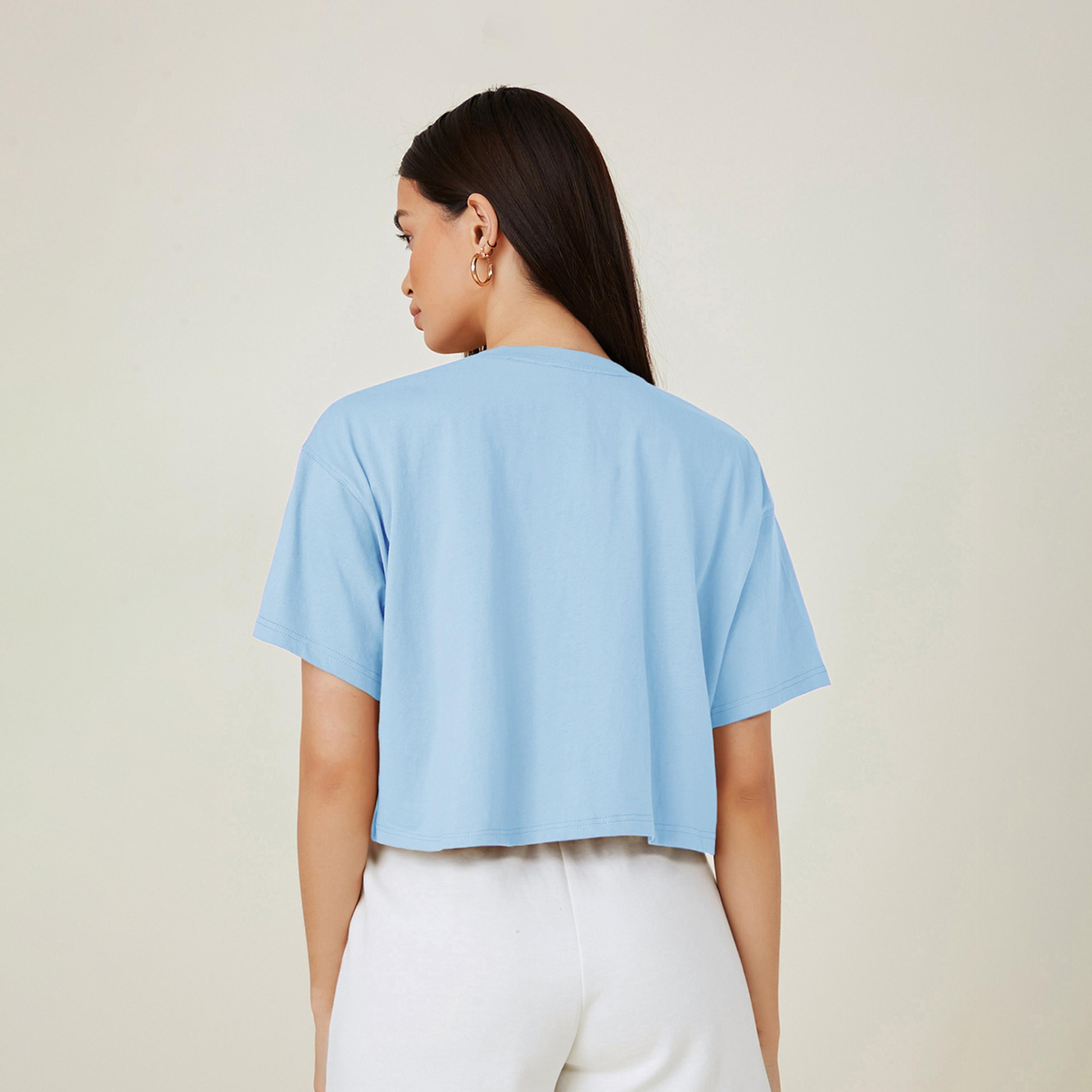 Kotty X Styli Womens Solid Cotton Blend Oversized Crop s Blue T-shirt-women-clothing-tshirts-image-5