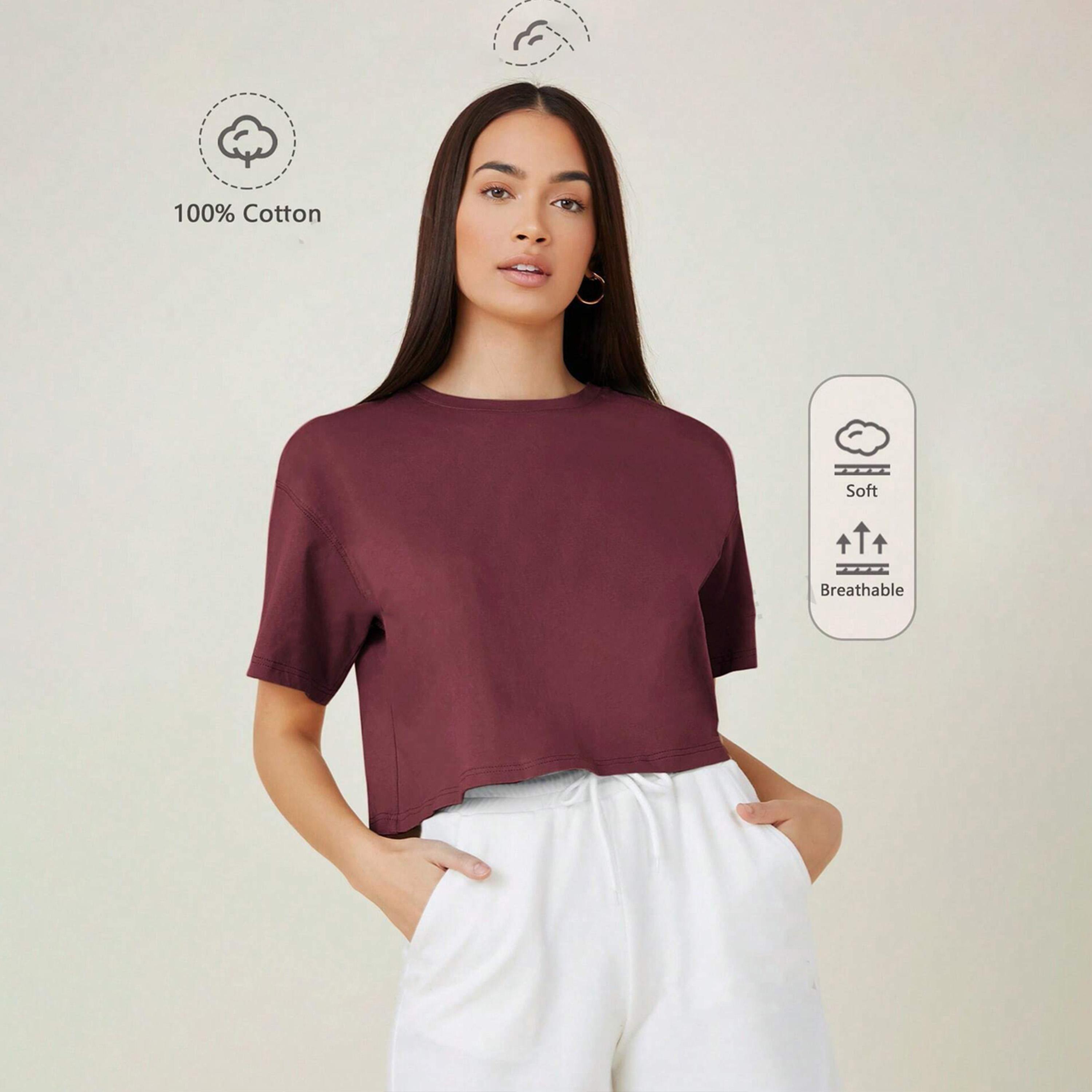 كوتي × ستايلي - تي شيرت نسائي قصير سادة مقاس كبير من مزيج القطن - العنابي-women-clothing-tshirts-image-1