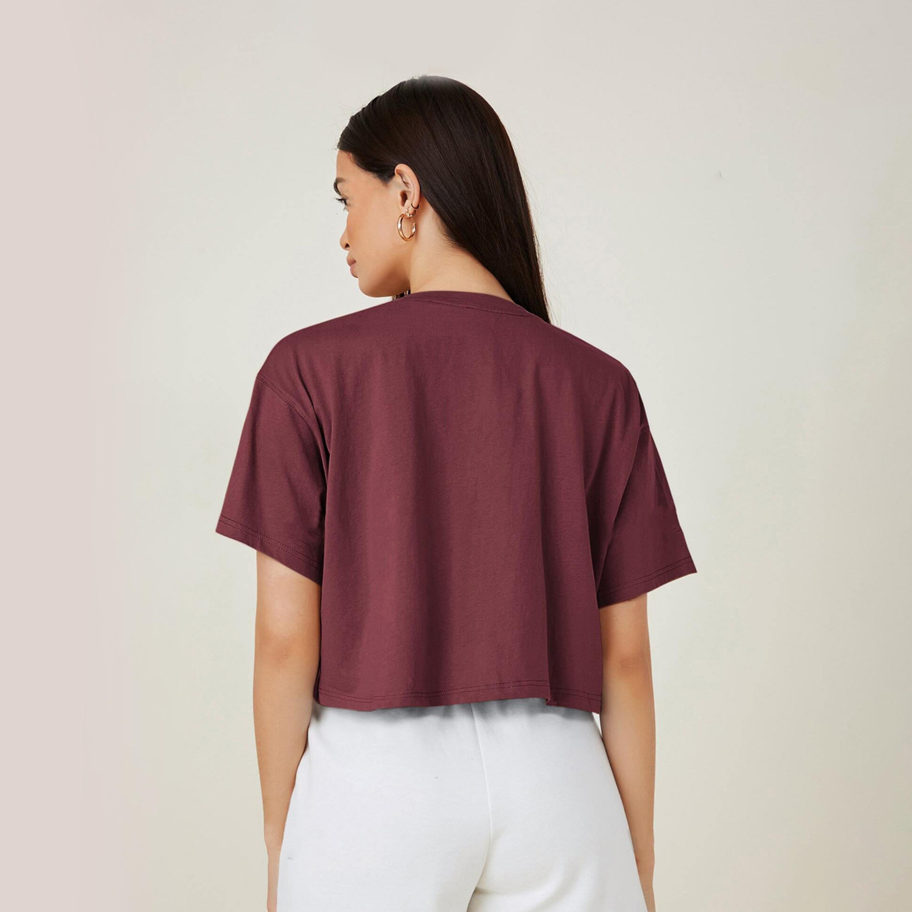 Kotty X Styli Womens Solid Cotton Blend Oversized Crop s Maroon T-shirt-women-clothing-tshirts-image-2