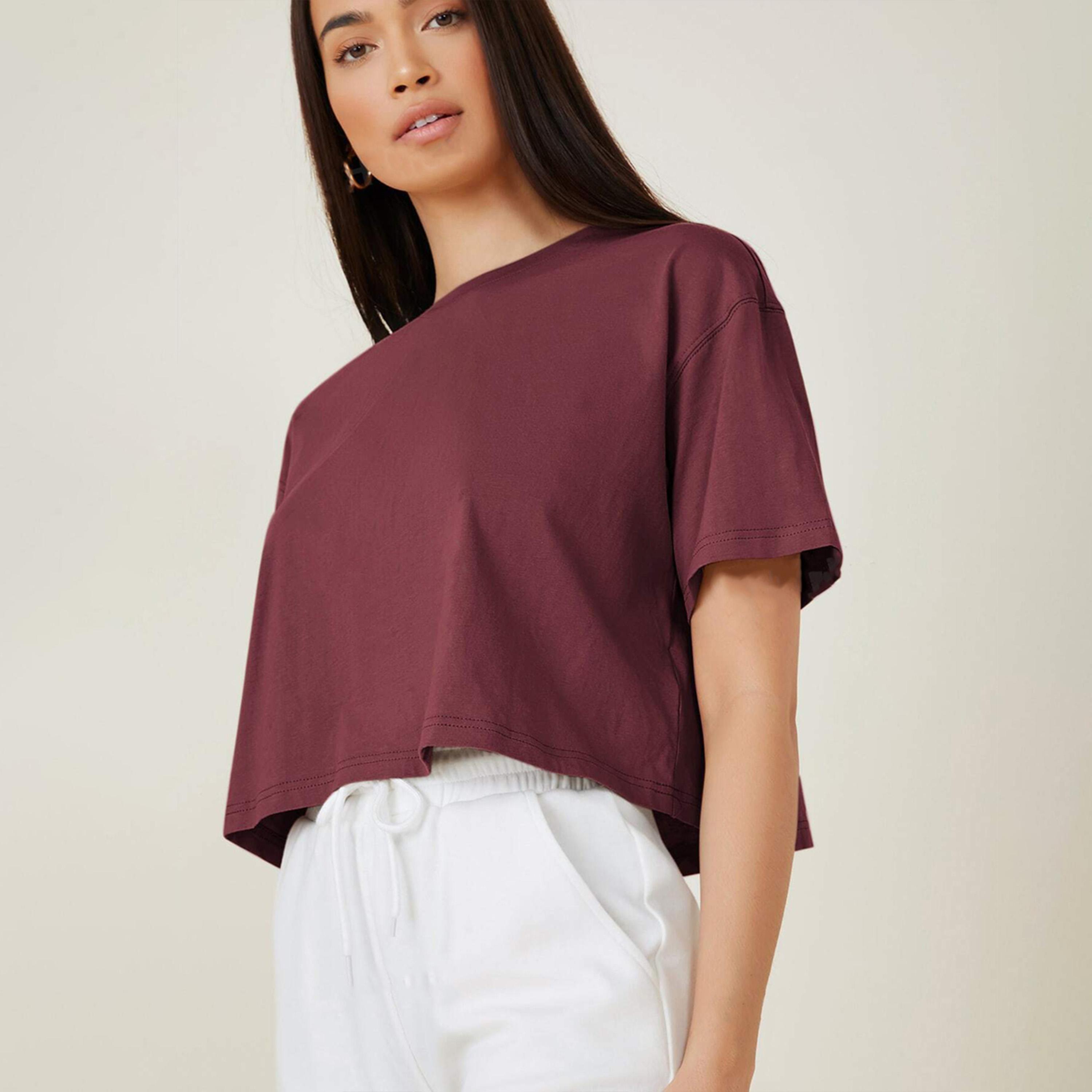Kotty X Styli Womens Solid Cotton Blend Oversized Crop s Maroon T-shirt-women-clothing-tshirts-image-3