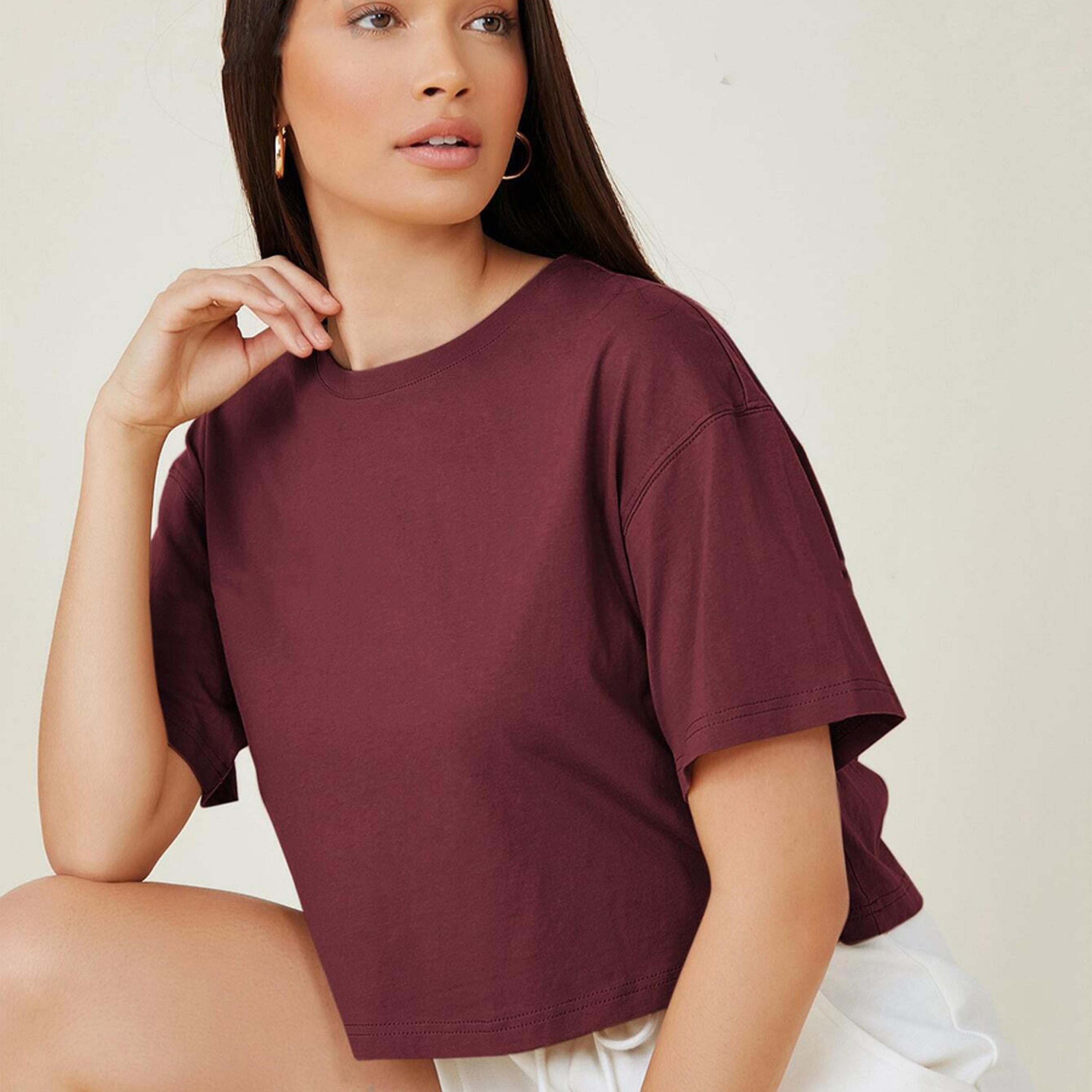 Kotty X Styli Womens Solid Cotton Blend Oversized Crop s Maroon T-shirt-women-clothing-tshirts-image-4
