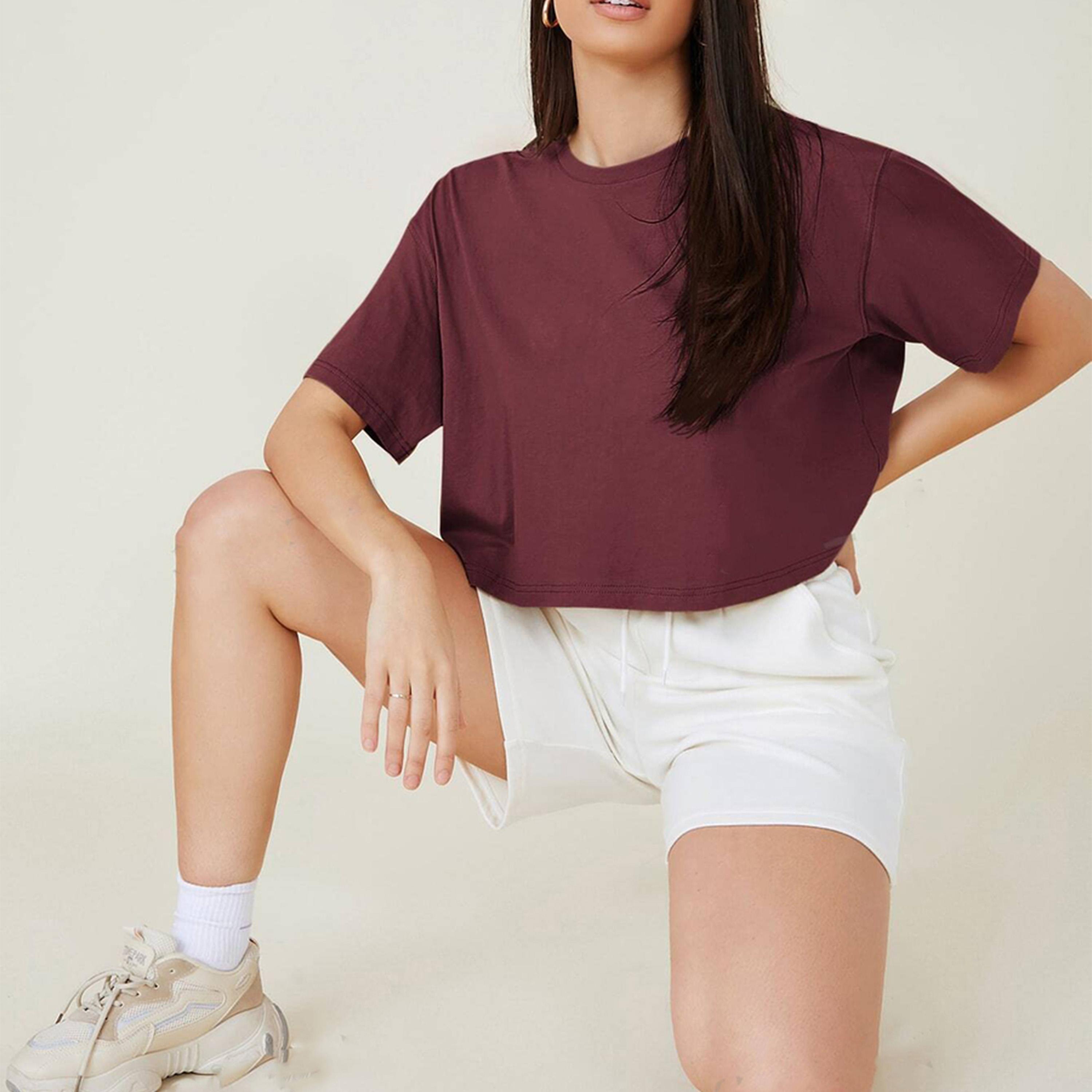 Kotty X Styli Womens Solid Cotton Blend Oversized Crop s Maroon T-shirt-women-clothing-tshirts-image-5