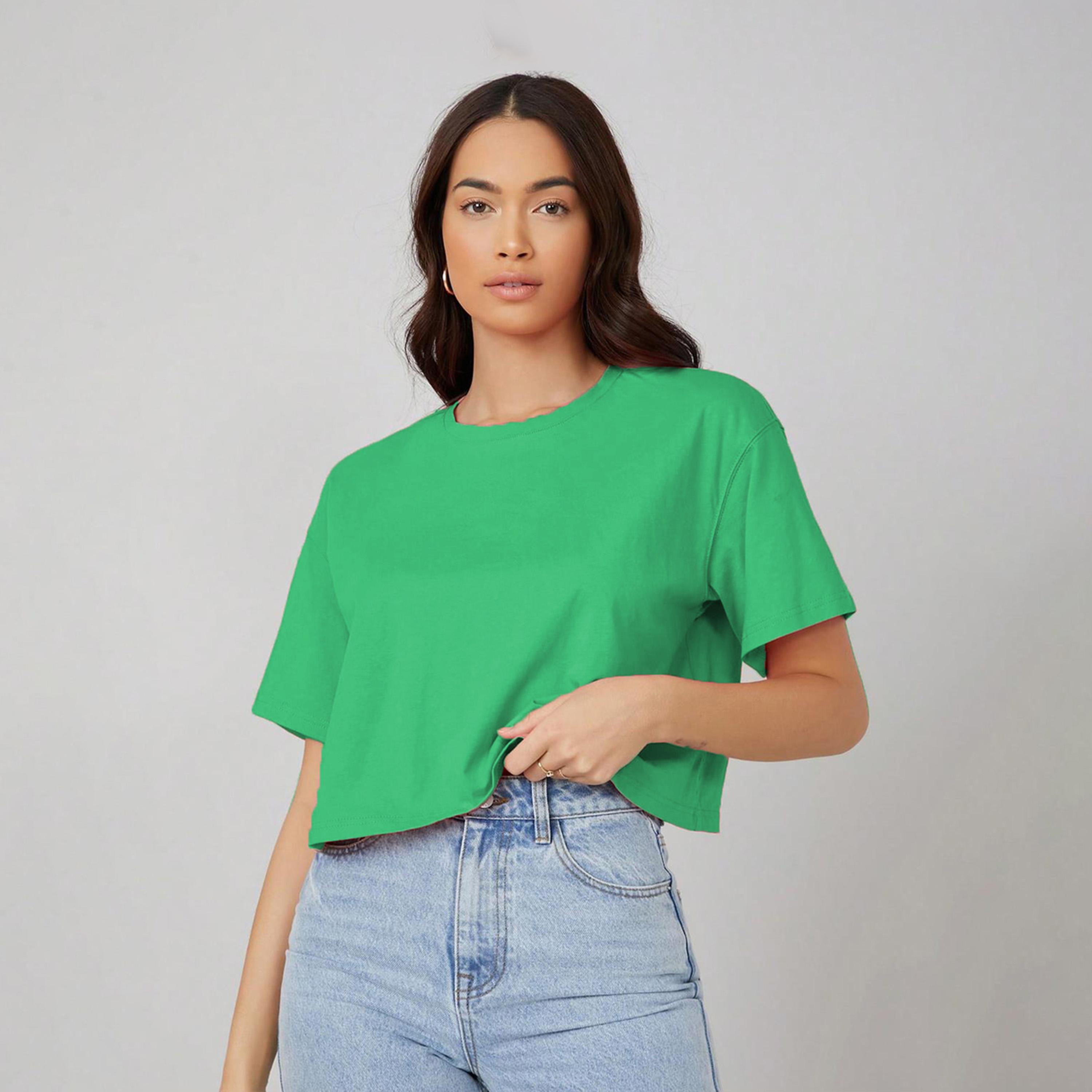 Kotty X Styli Womens Solid Cotton Blend Green T-shirt-women-clothing-tshirts-image-1