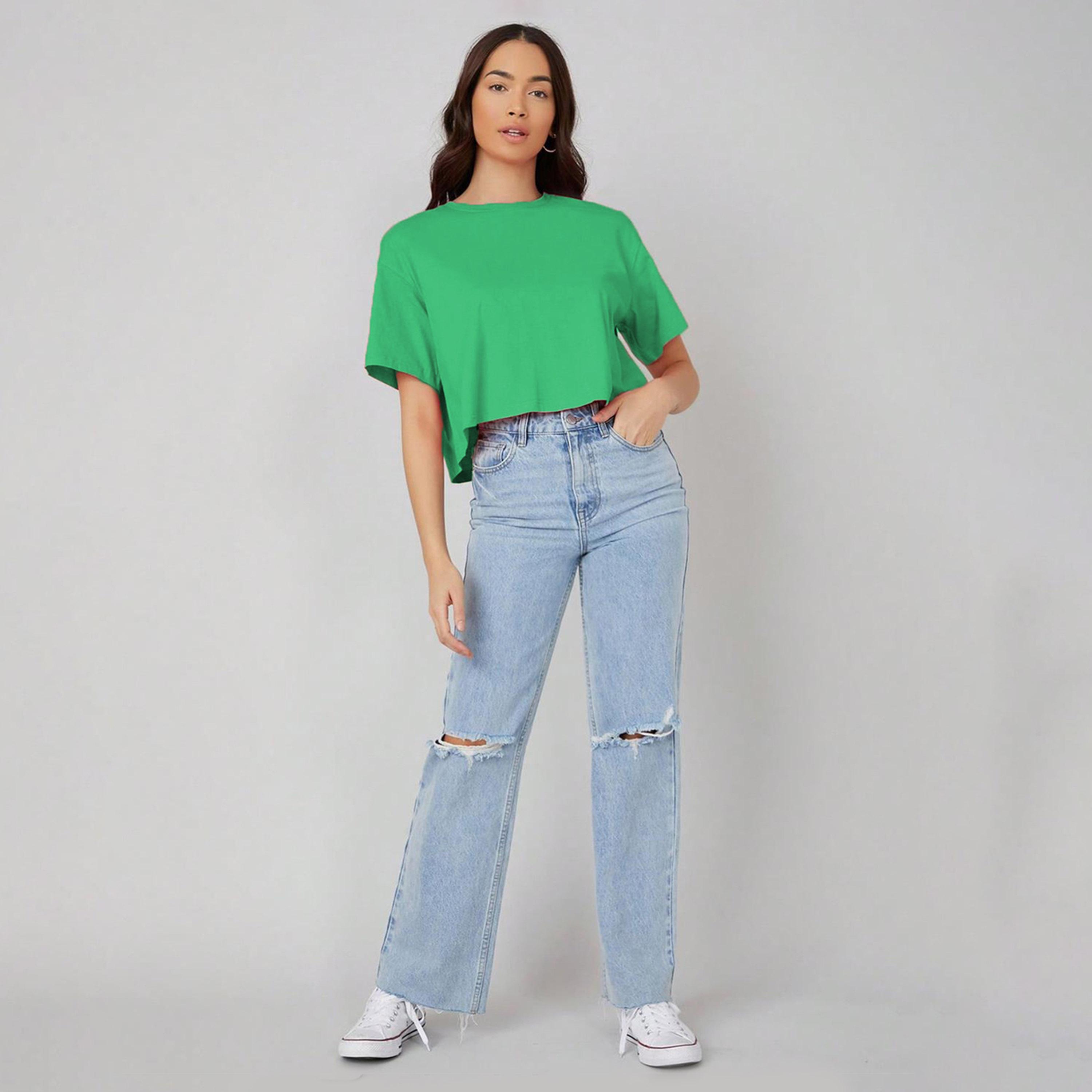 Kotty X Styli Womens Solid Cotton Blend Green T-shirt-women-clothing-tshirts-image-3