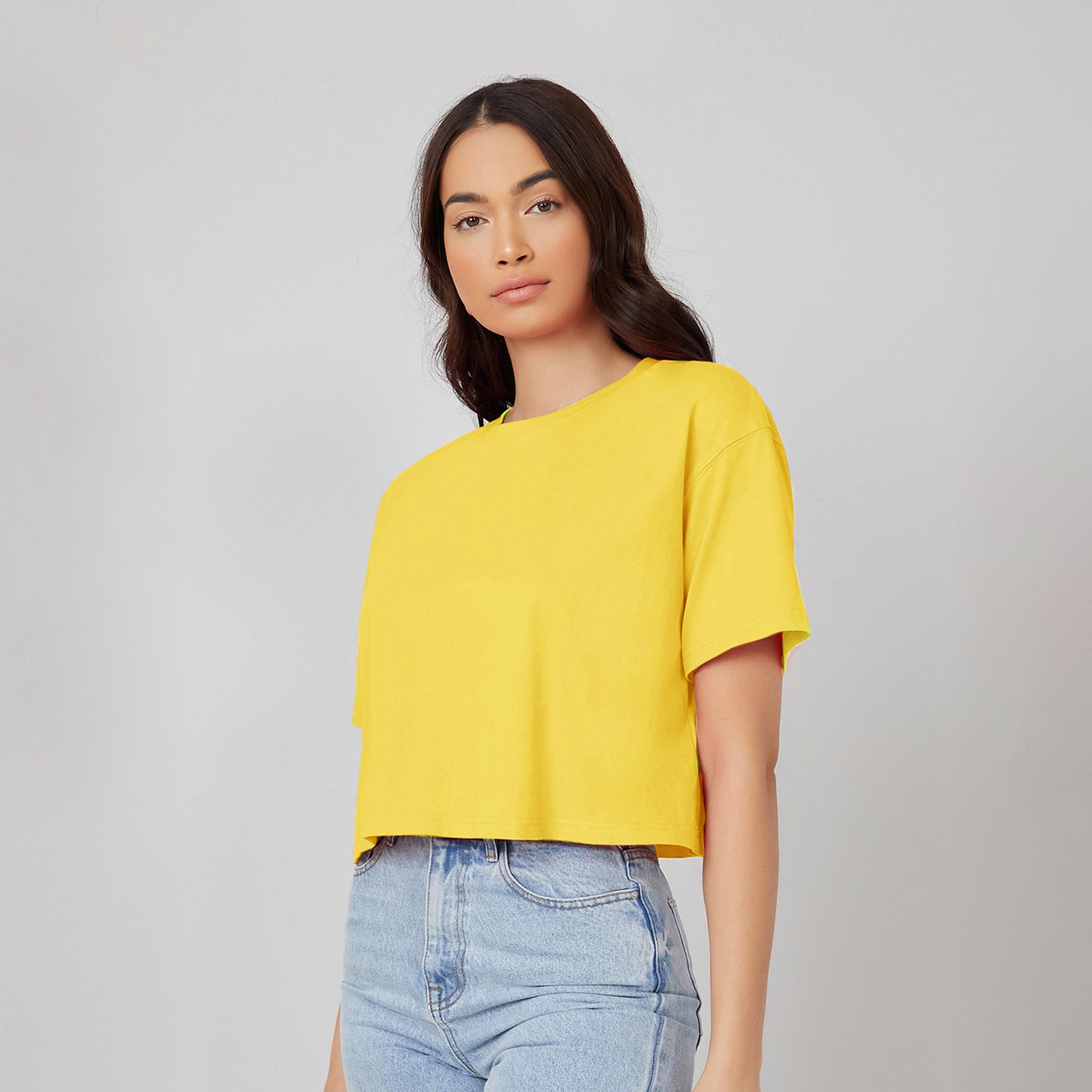 Kotty X Styli Womens Solid Cotton Blend Yellow T-shirt-women-clothing-tshirts-image-3
