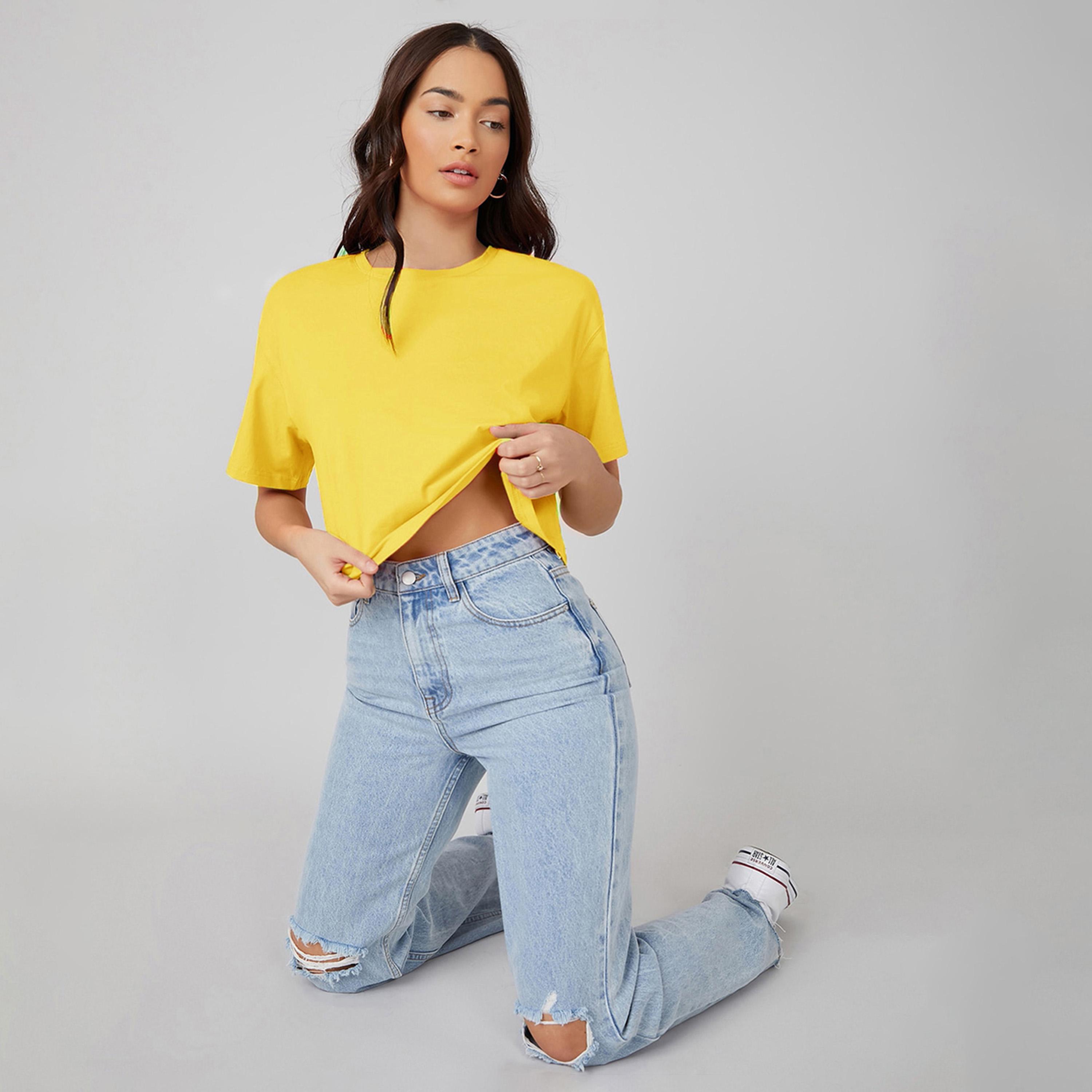 Kotty X Styli Womens Solid Cotton Blend Yellow T-shirt-women-clothing-tshirts-image-4