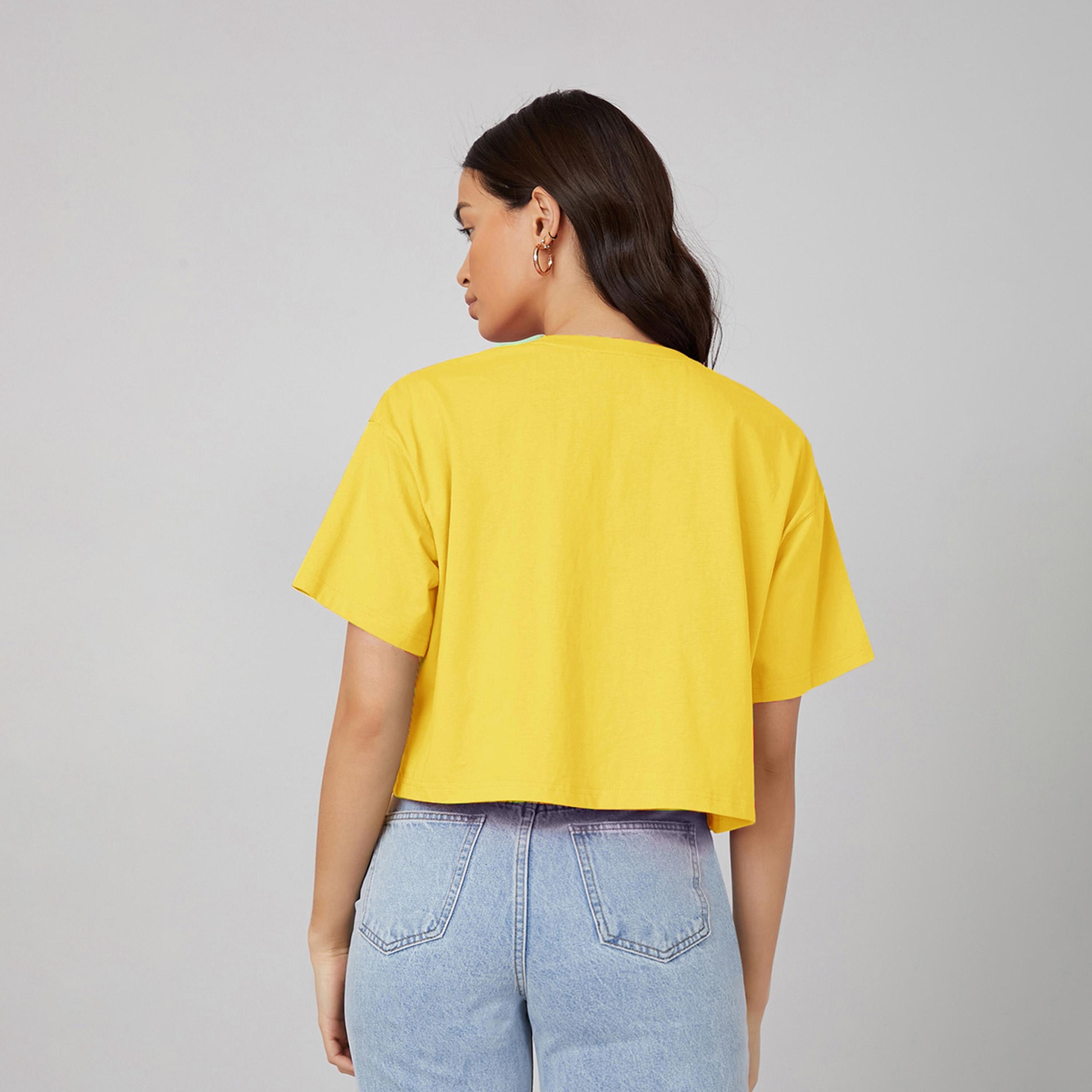 Kotty X Styli Womens Solid Cotton Blend Yellow T-shirt-women-clothing-tshirts-image-5