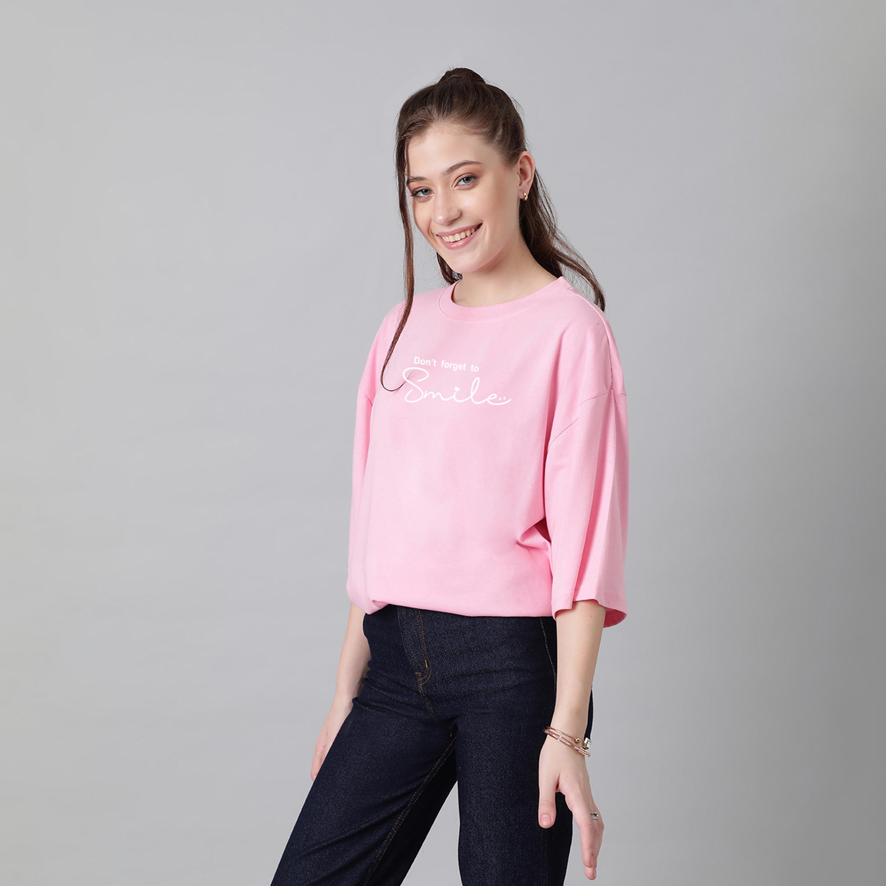 Kotty X Styli Womens Printed Typography Round Neck Cotton Blend 3/4 Sleeve Pink T-shirt-women-clothing-tshirts-image-2
