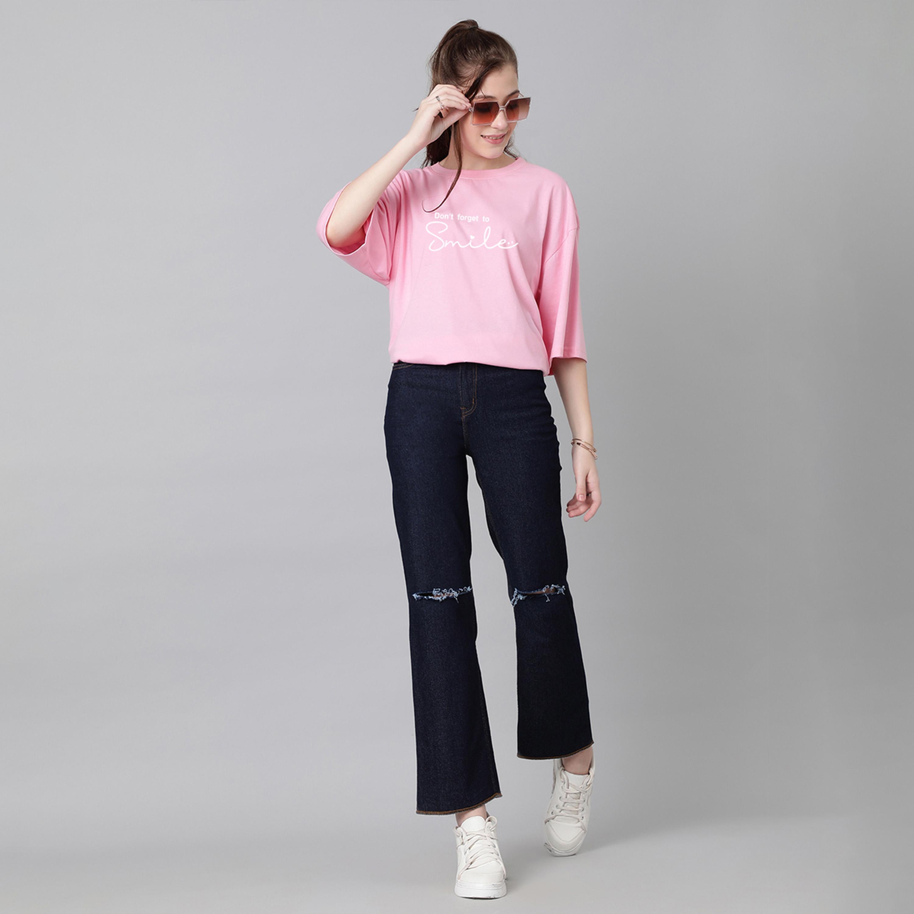 Kotty X Styli Womens Printed Typography Round Neck Cotton Blend 3/4 Sleeve Pink T-shirt-women-clothing-tshirts-image-4