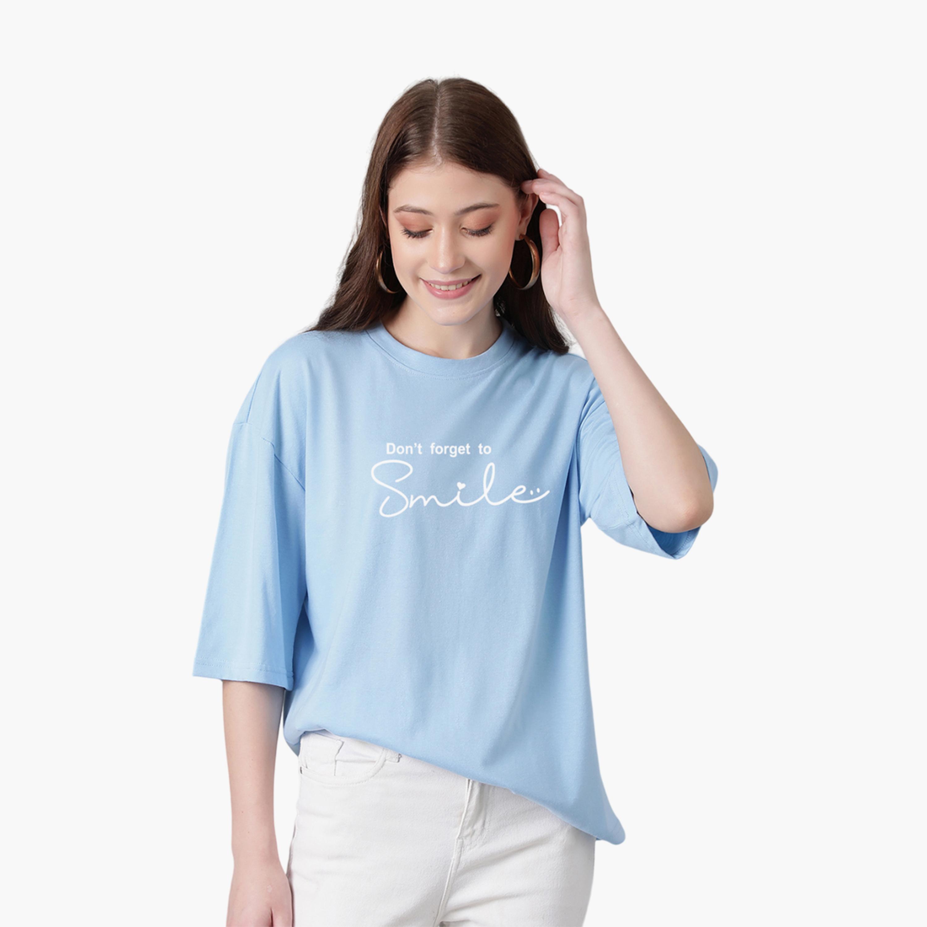 Kotty X Styli Womens Printed Typography Round Neck Cotton Blend 3/4 Sleeve Blue T-shirt-women-clothing-tshirts-image-1