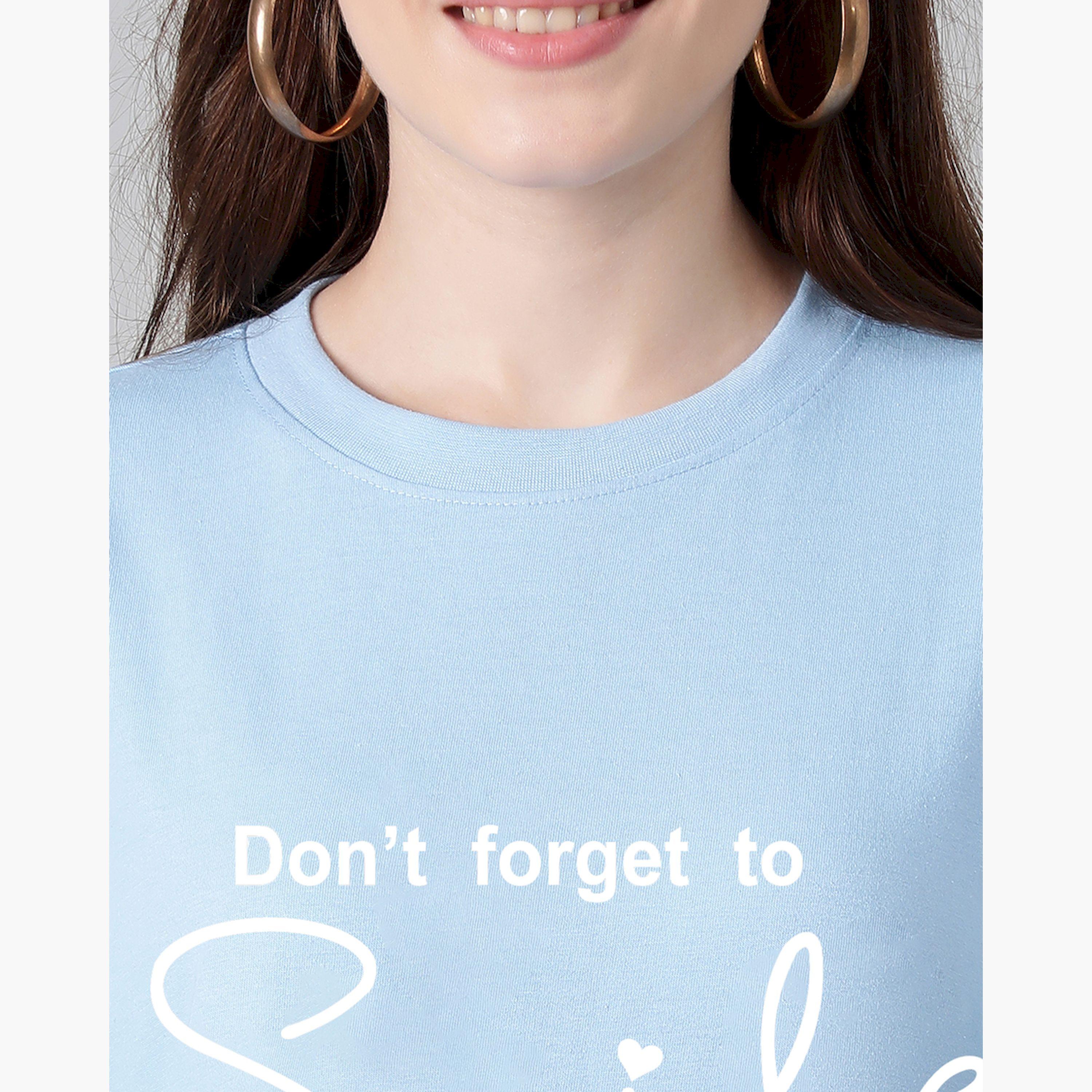 Kotty X Styli Womens Printed Typography Round Neck Cotton Blend 3/4 Sleeve Blue T-shirt-women-clothing-tshirts-image-5