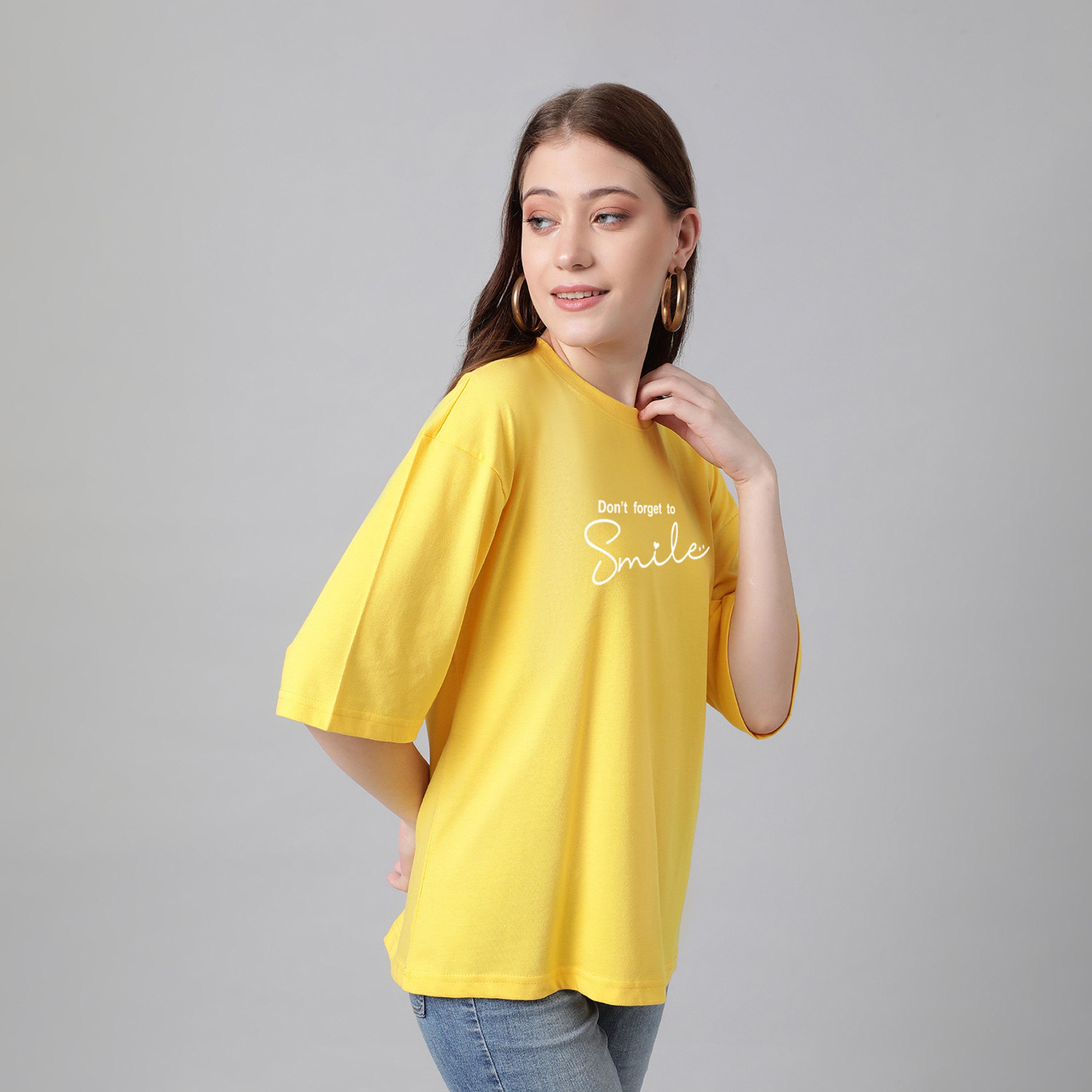 Kotty X Styli Womens Printed Typography Round Neck Cotton Blend 3/4 Sleeve Yellow T-shirt-women-clothing-tshirts-image-3