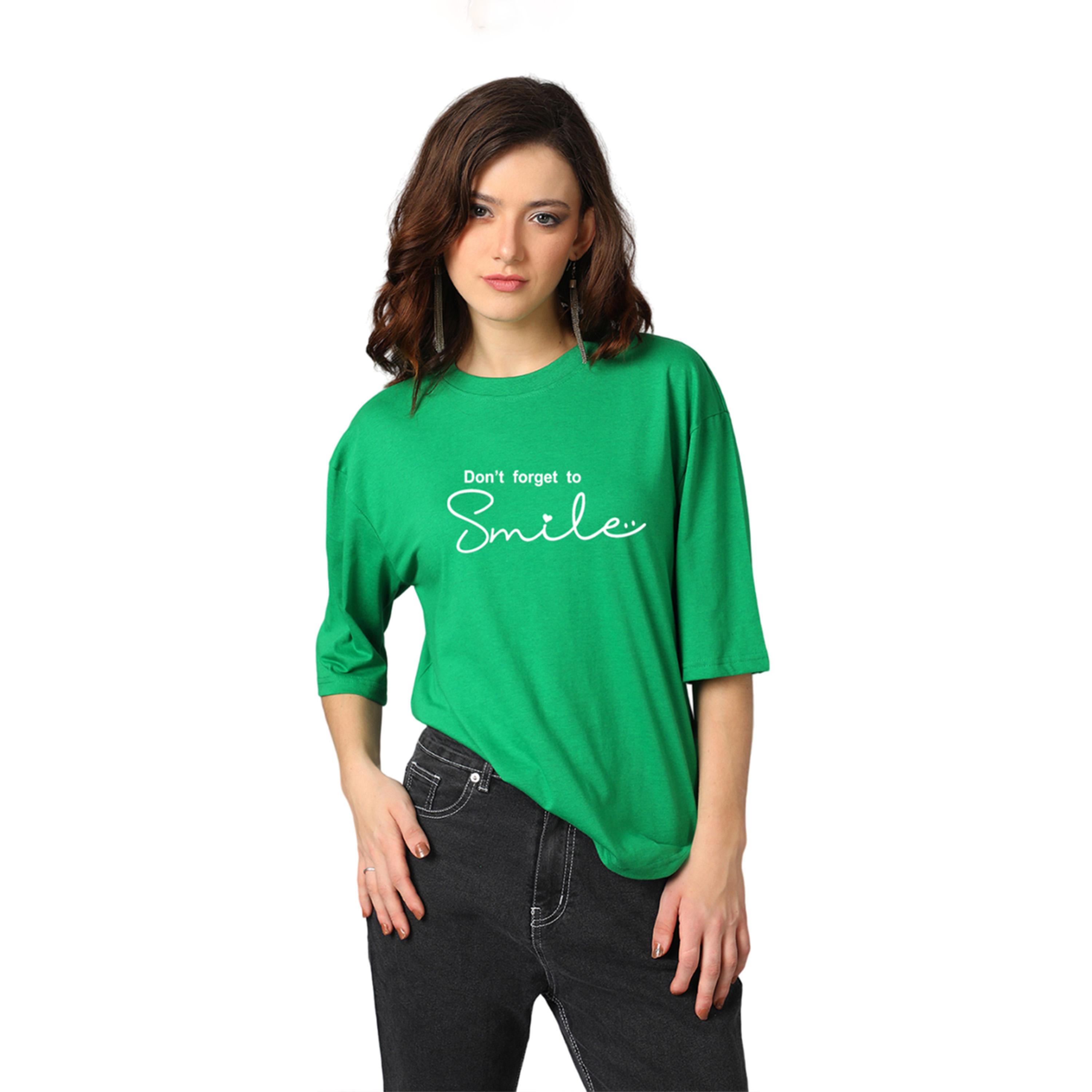 Kotty X Styli Womens Printed Typography Round Neck Cotton Blend 3/4 Sleeve Green T-shirt-women-clothing-tshirts-image-1