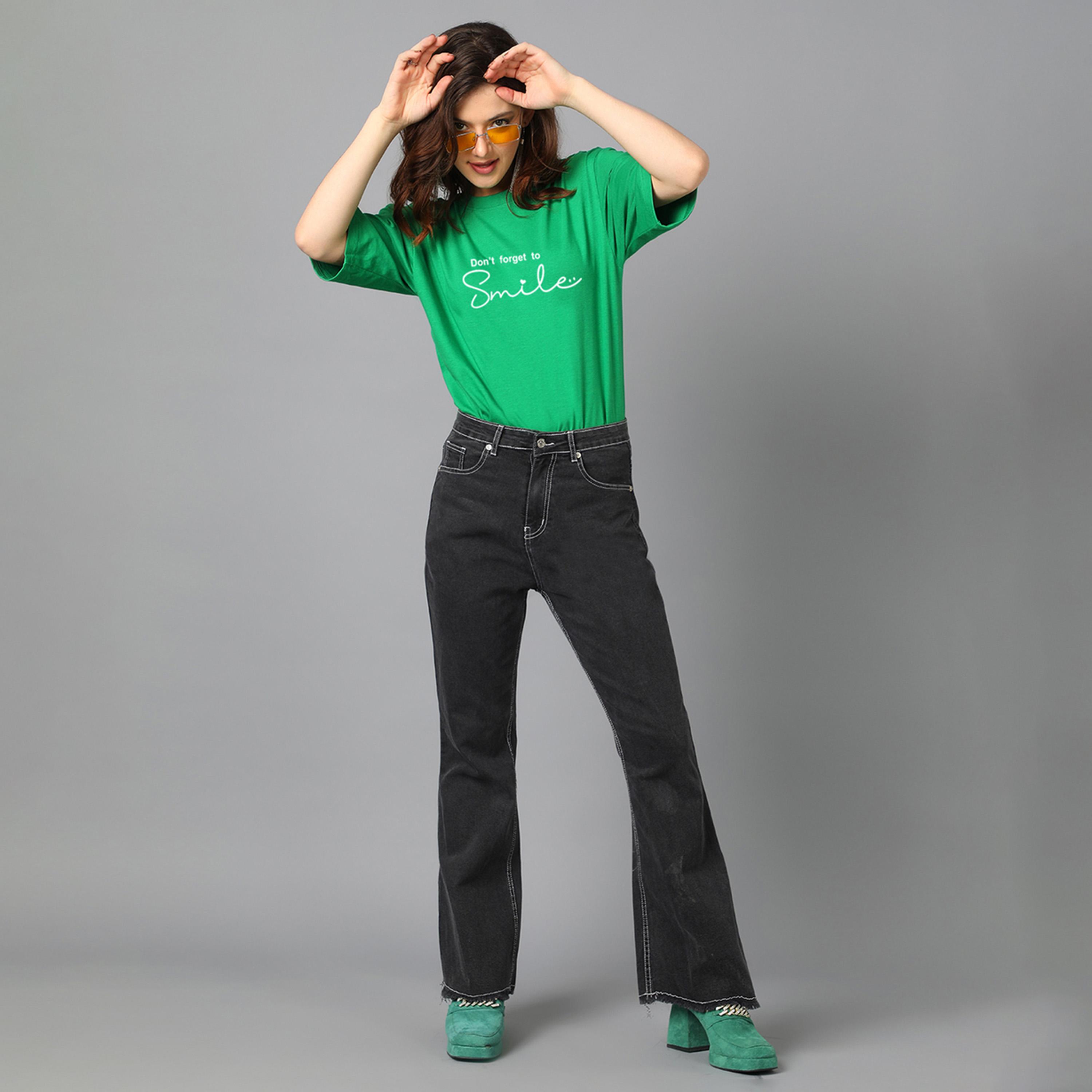 Kotty X Styli Womens Printed Typography Round Neck Cotton Blend 3/4 Sleeve Green T-shirt-women-clothing-tshirts-image-2