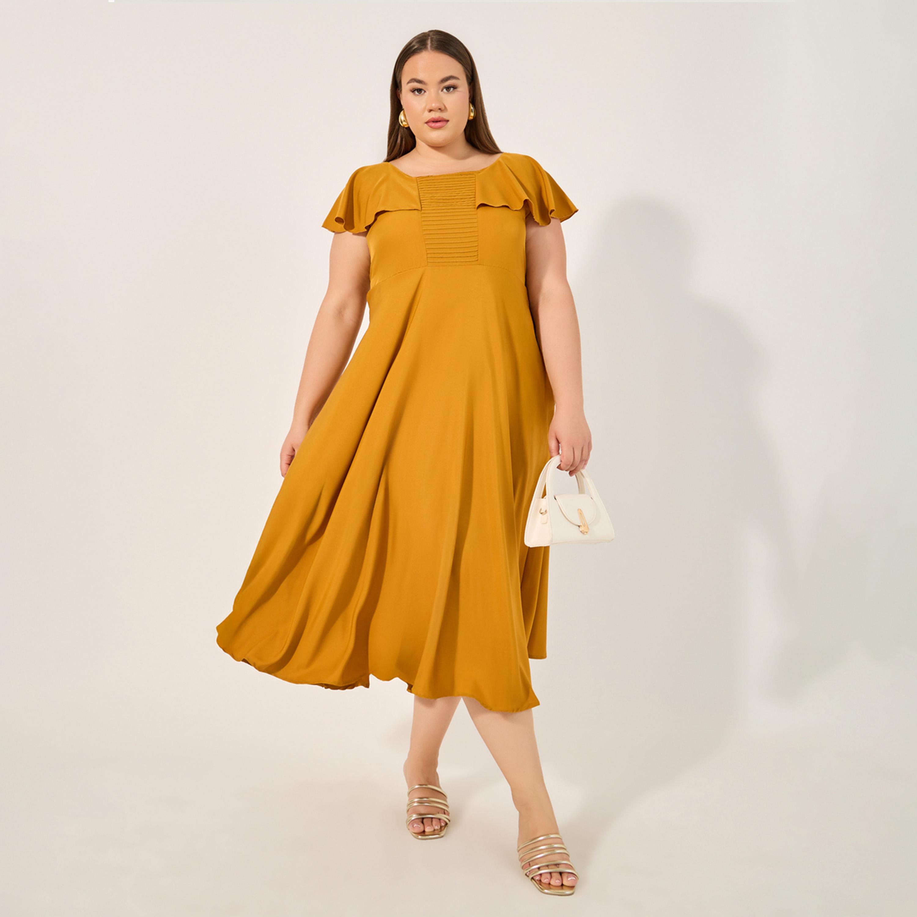 Styli Plus Size Solid Pintuck Detail A-Line Midi Dress-women-clothing-dresses-image-1