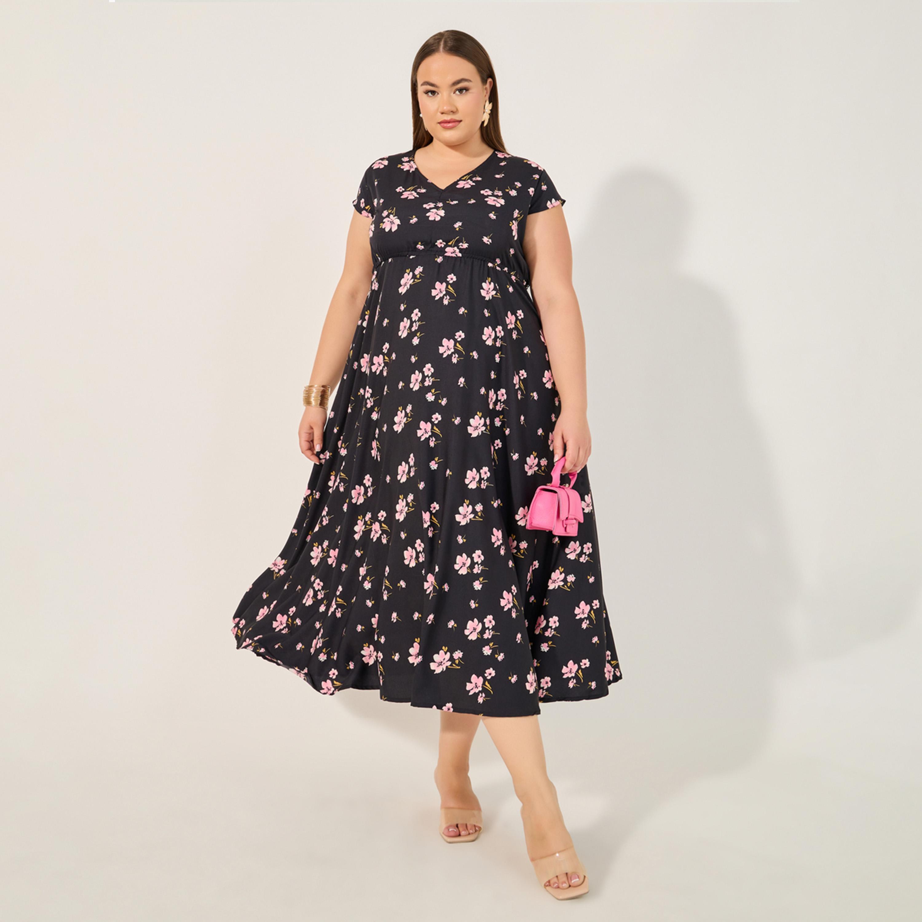 Styli Plus Size Floral Print V Neck A-Line Midi Dress-women-clothing-dresses-image-1