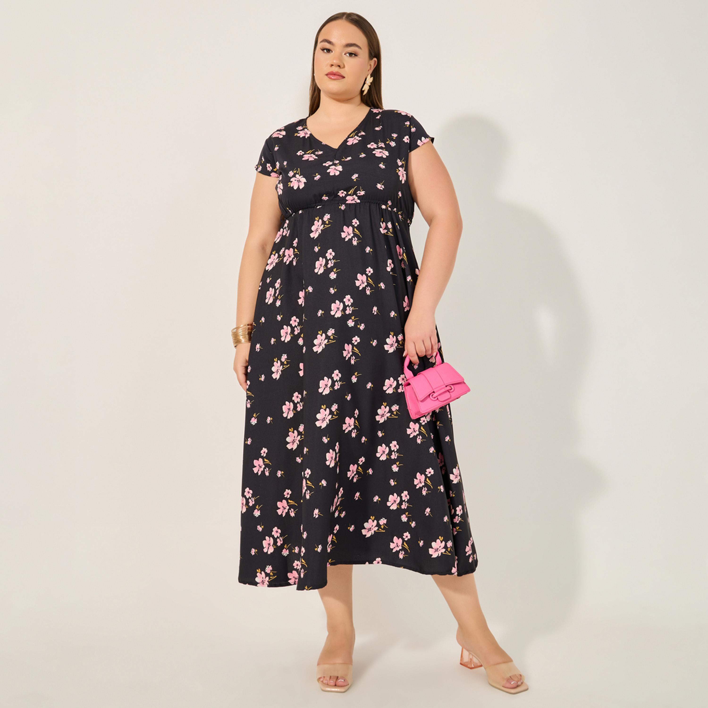 ستايلي - فستان ميدي بقصة A وطبعة زهور بمقاس كبير-women-clothing-dresses-image-2