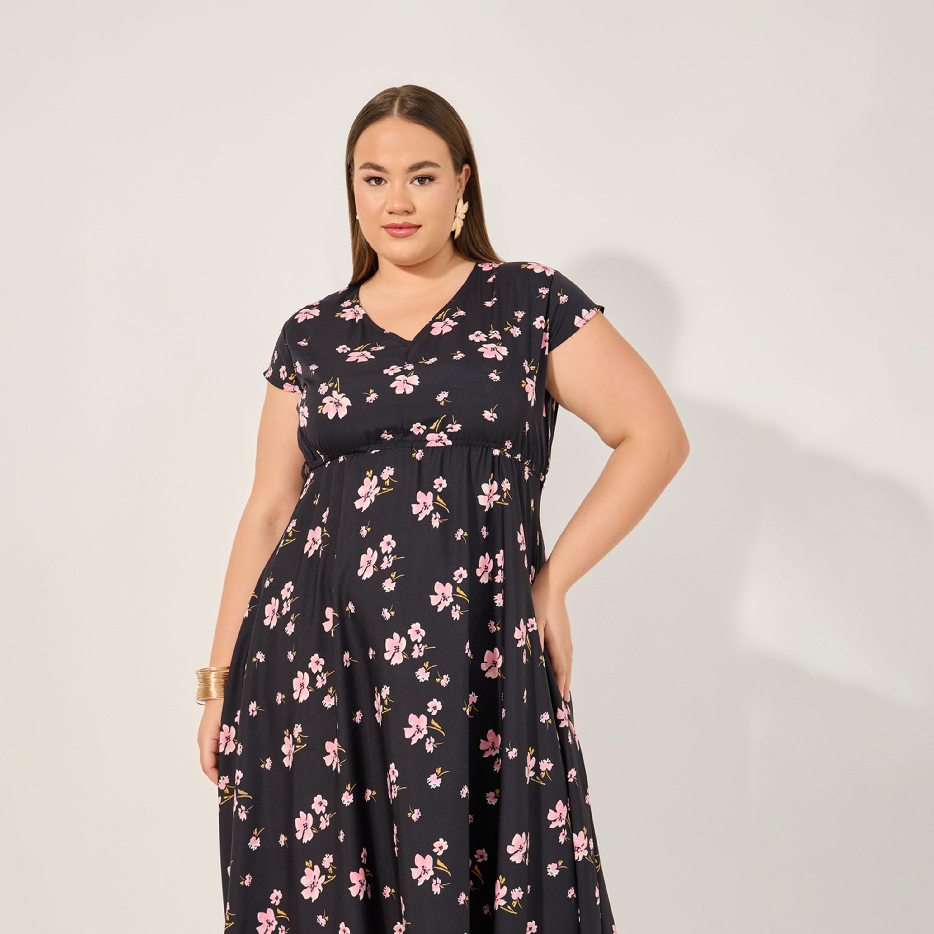 ستايلي - فستان ميدي بقصة A وطبعة زهور بمقاس كبير-women-clothing-dresses-image-3