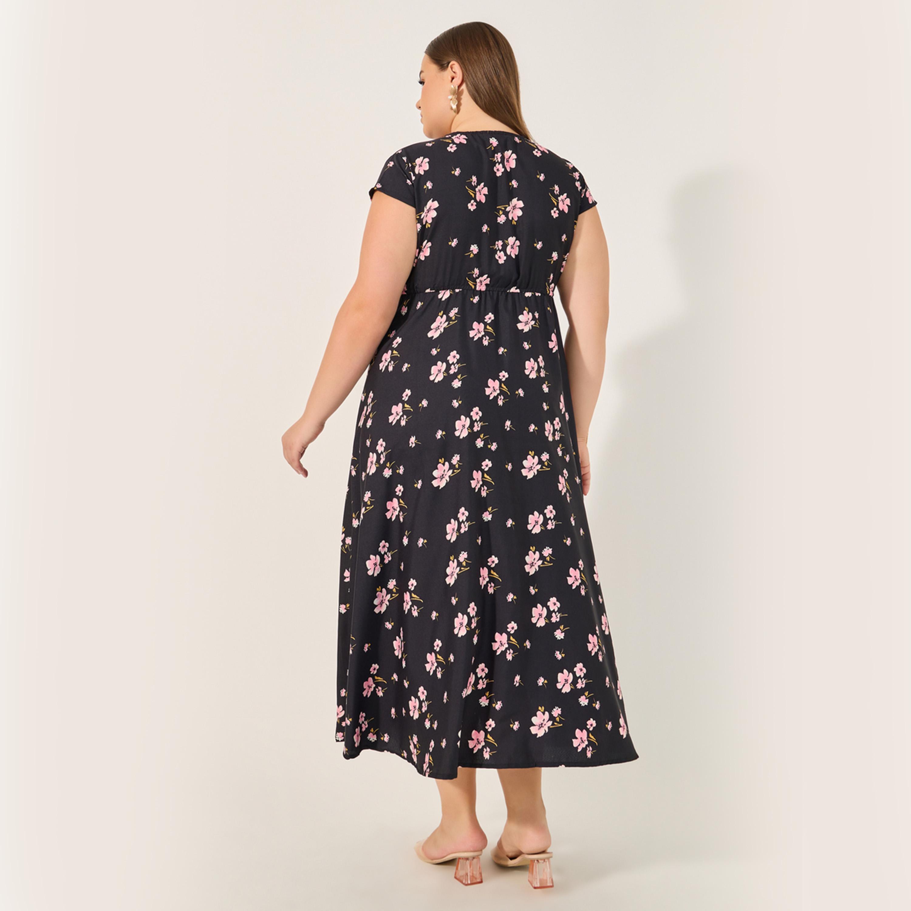 ستايلي - فستان ميدي بقصة A وطبعة زهور بمقاس كبير-women-clothing-dresses-image-5