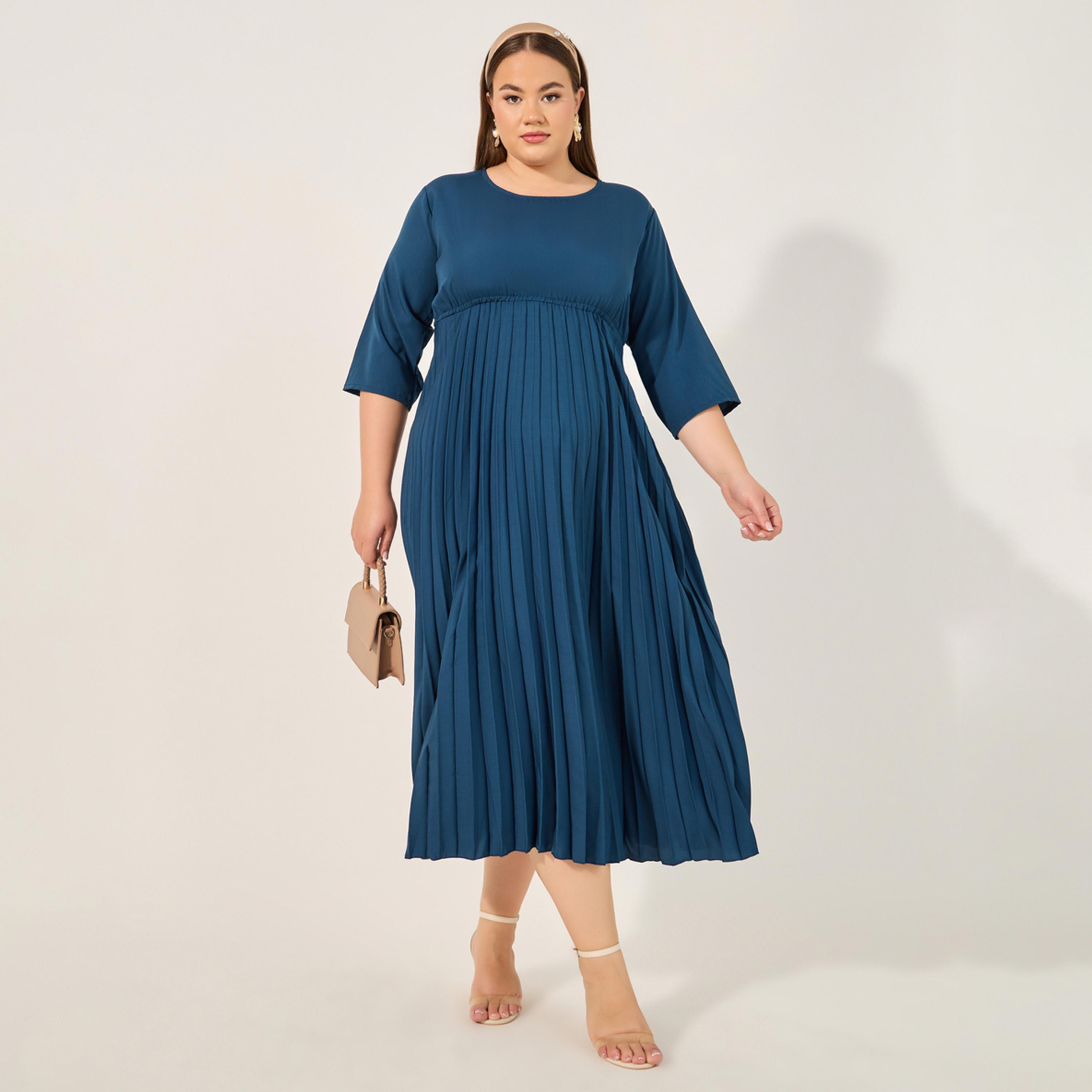 ستايلي - فستان ميدي سادة بقصة A بمقاس كبير مع طيات أكورديون-women-clothing-dresses-image-1