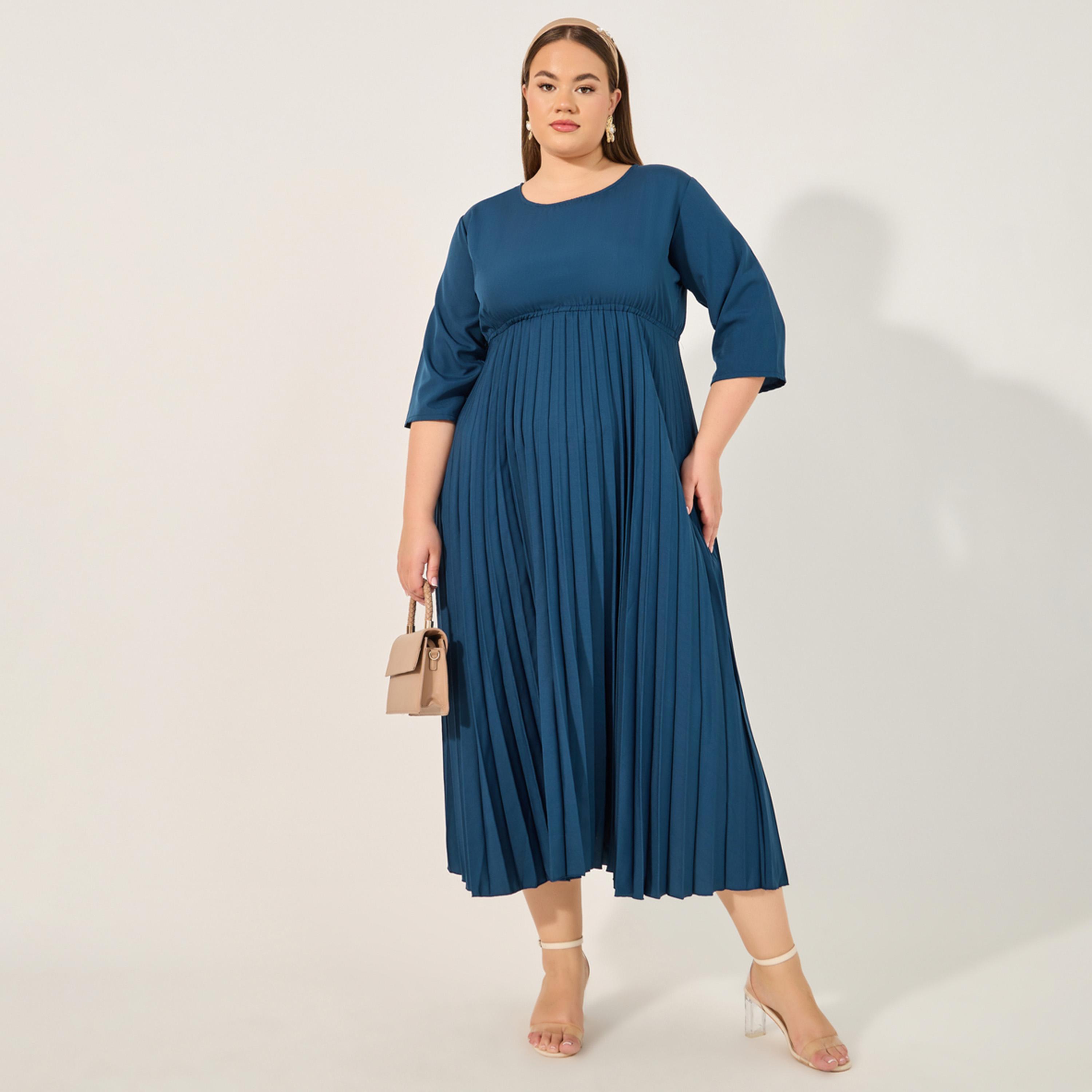 Styli Plus Size Solid Accordion Pleated A-Line Midi Dress-women-clothing-dresses-image-2