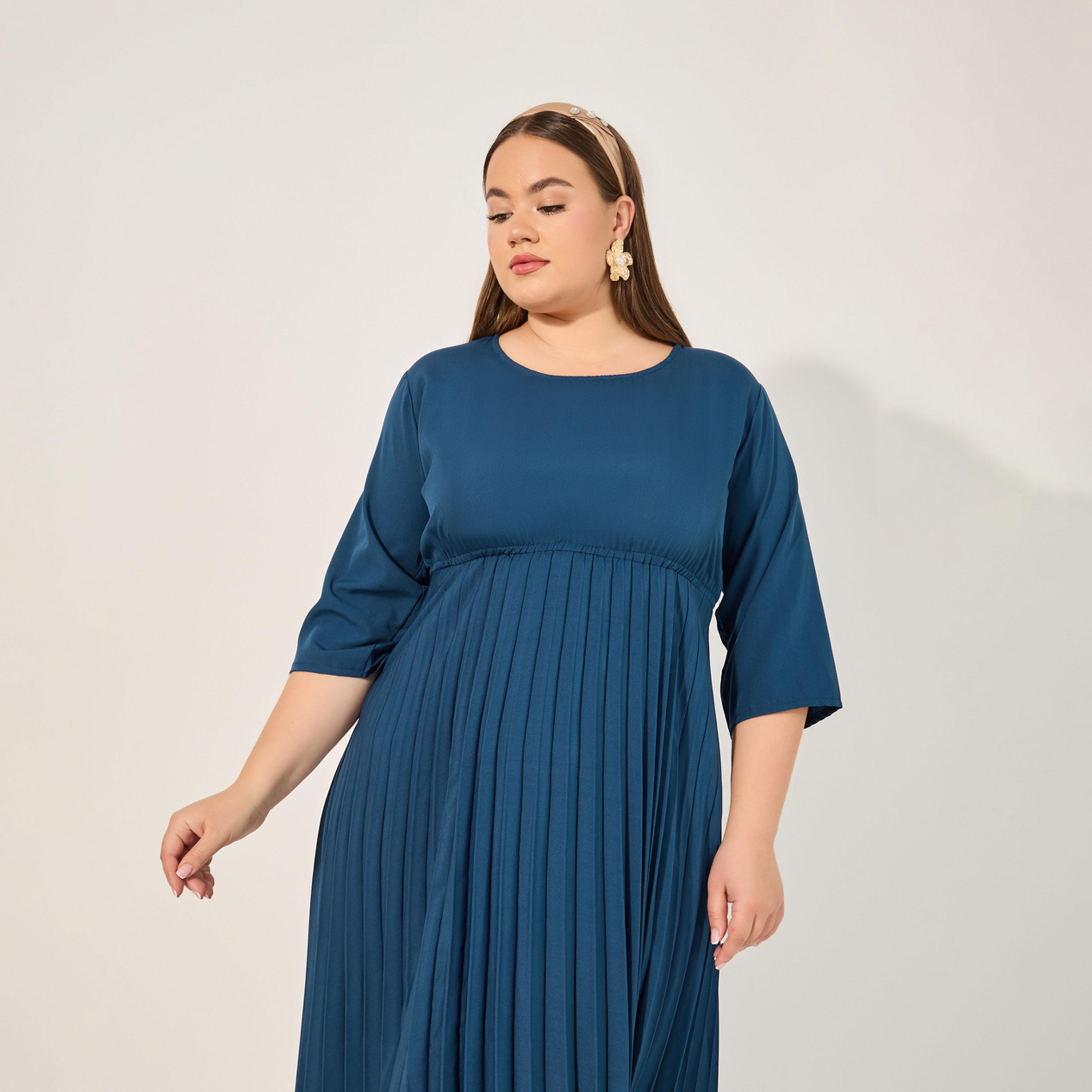 ستايلي - فستان ميدي سادة بقصة A بمقاس كبير مع طيات أكورديون-women-clothing-dresses-image-3