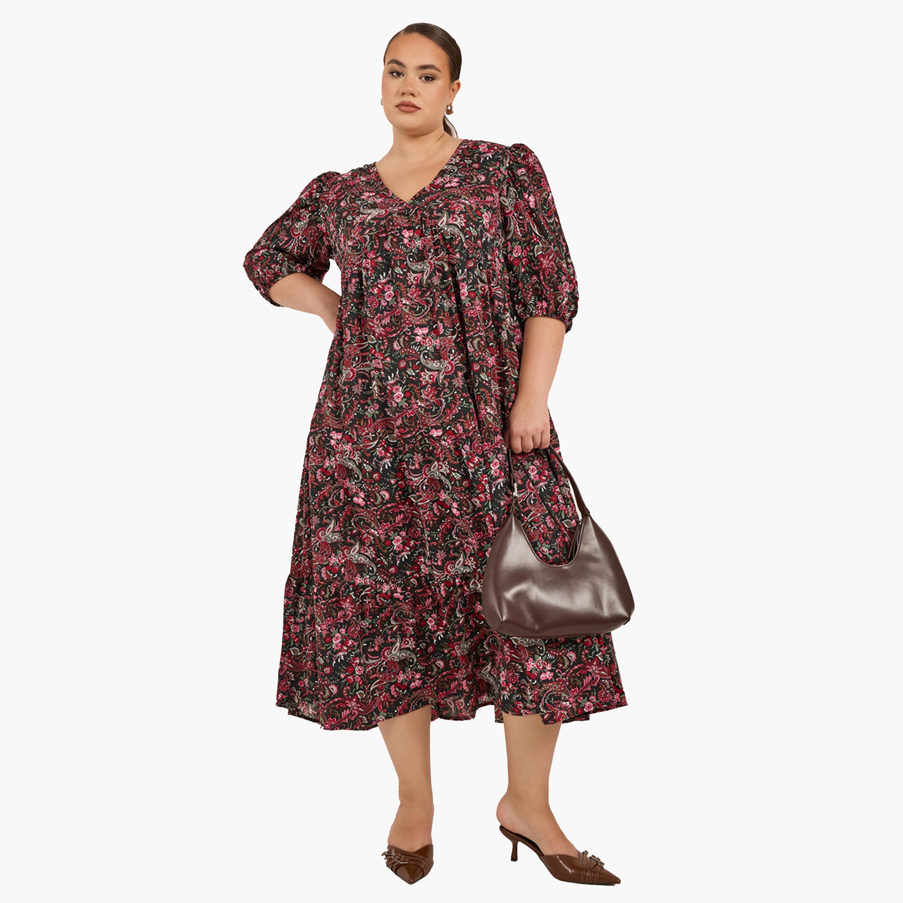 ستايلي - فستان ميدي بطبعة زهور وفتحة رقبة V بمقاس كبير-women-clothing-dresses-image-1