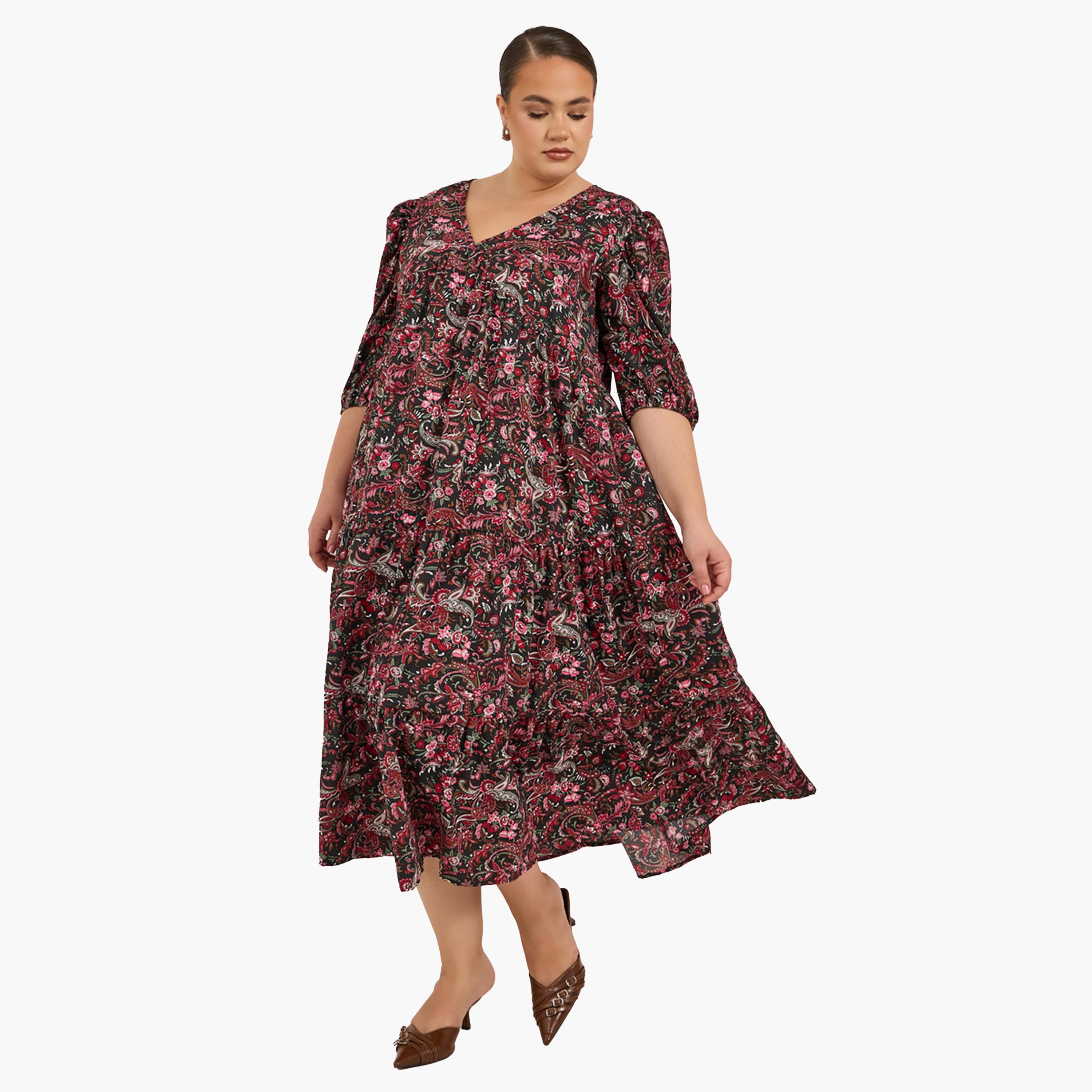 ستايلي - فستان ميدي بطبعة زهور وفتحة رقبة V بمقاس كبير-women-clothing-dresses-image-2