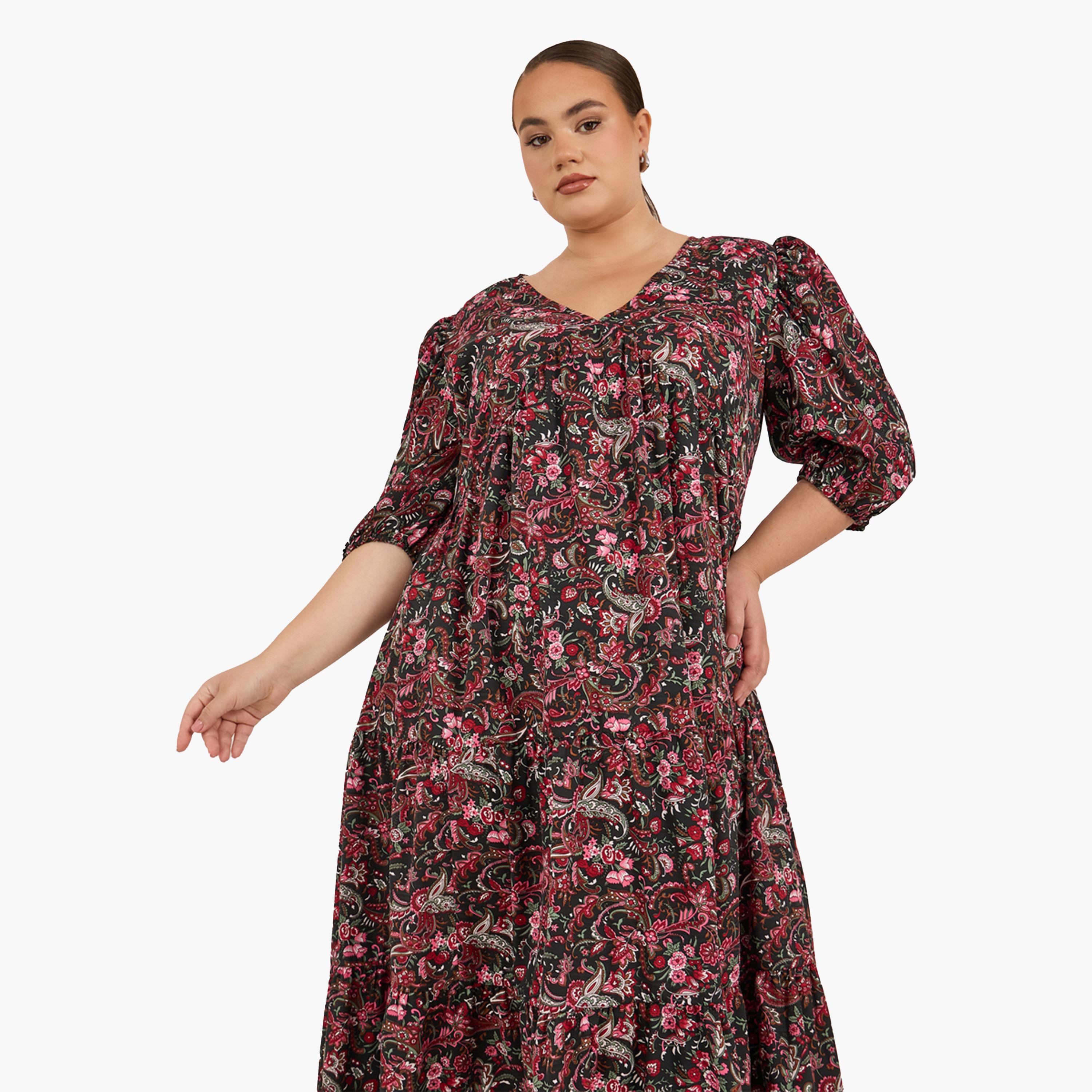 ستايلي - فستان ميدي بطبعة زهور وفتحة رقبة V بمقاس كبير-women-clothing-dresses-image-3