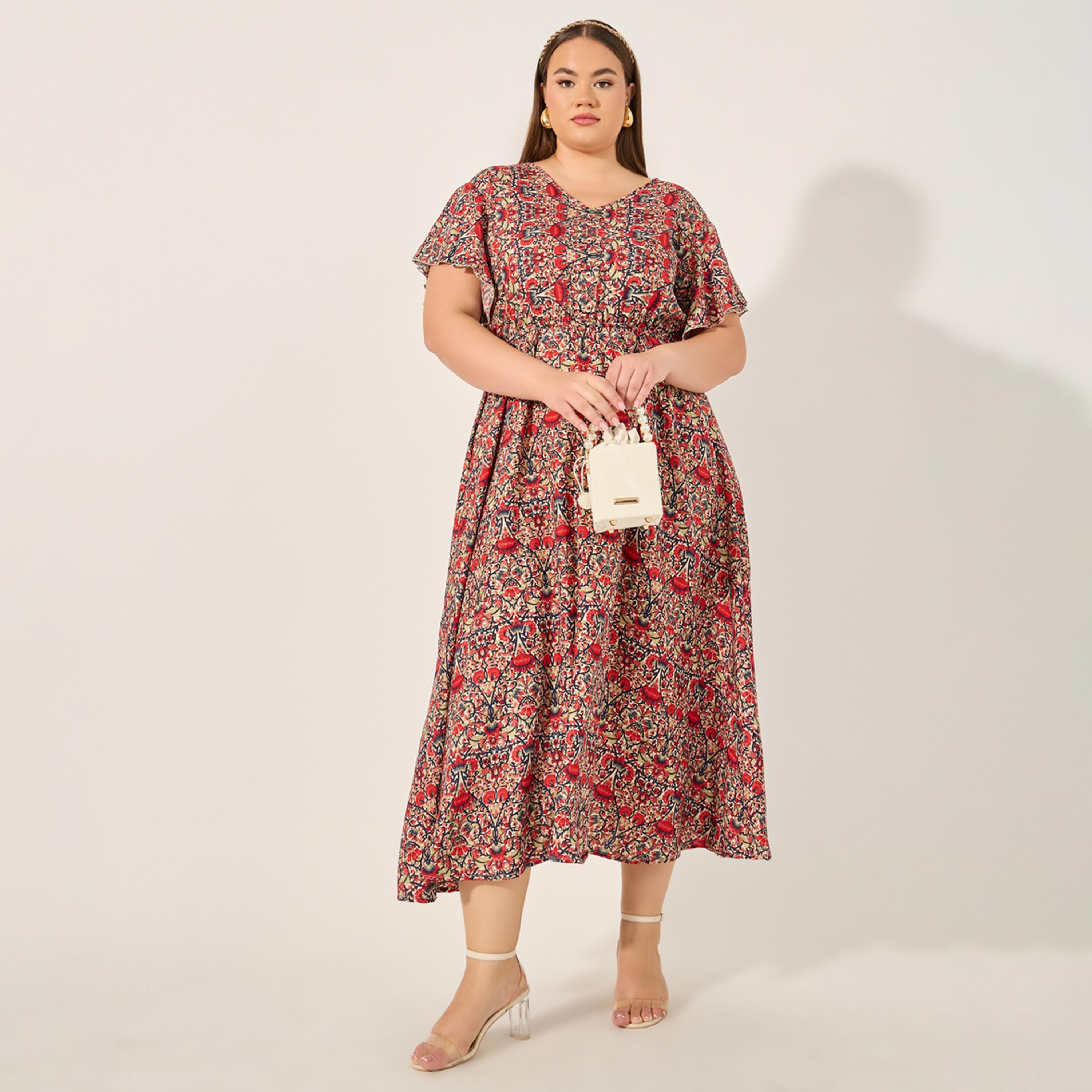 Styli Plus Size All Over Printed V Neck A-Line Midi Dress-women-clothing-dresses-image-1