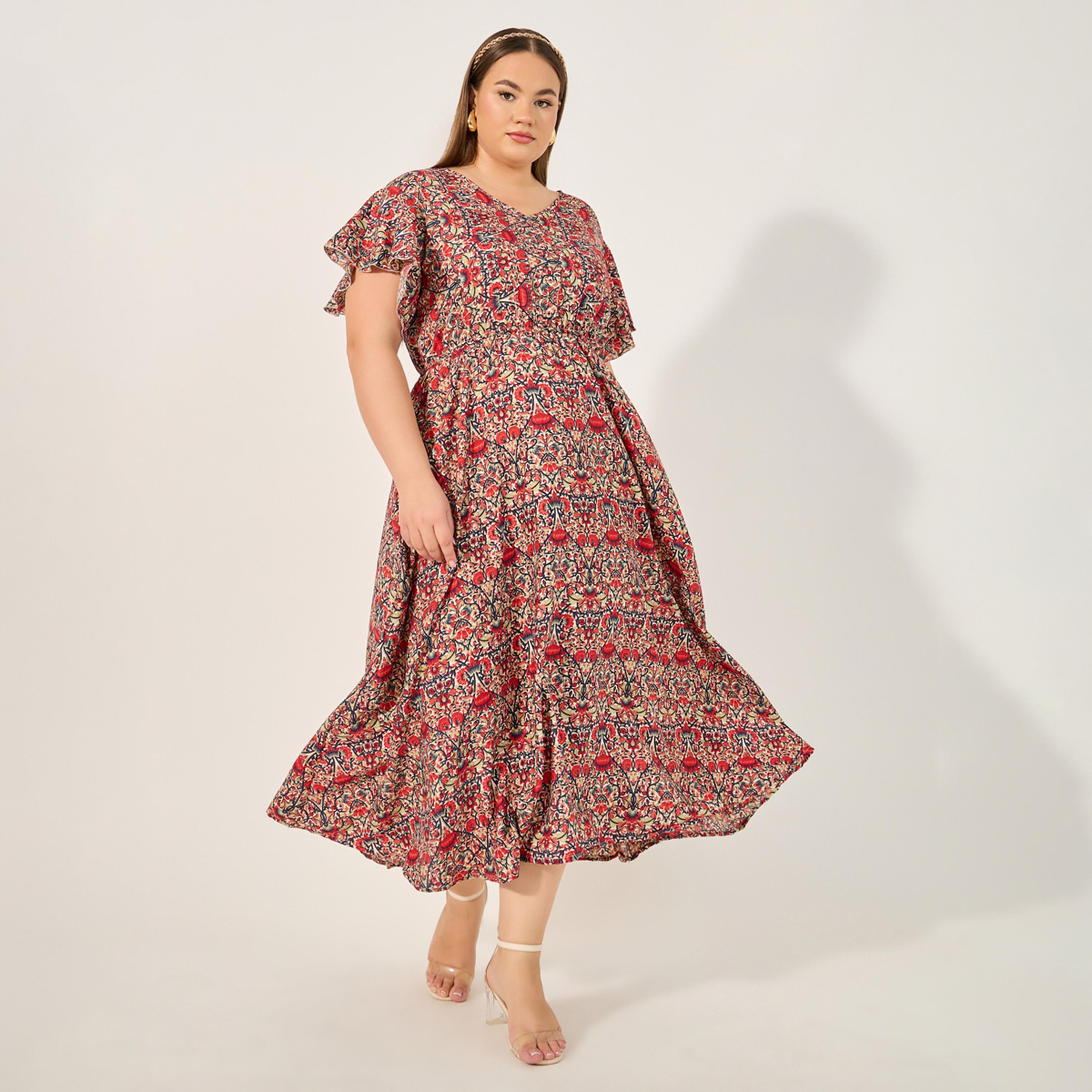 Styli Plus Size All Over Printed V Neck A-Line Midi Dress-women-clothing-dresses-image-2