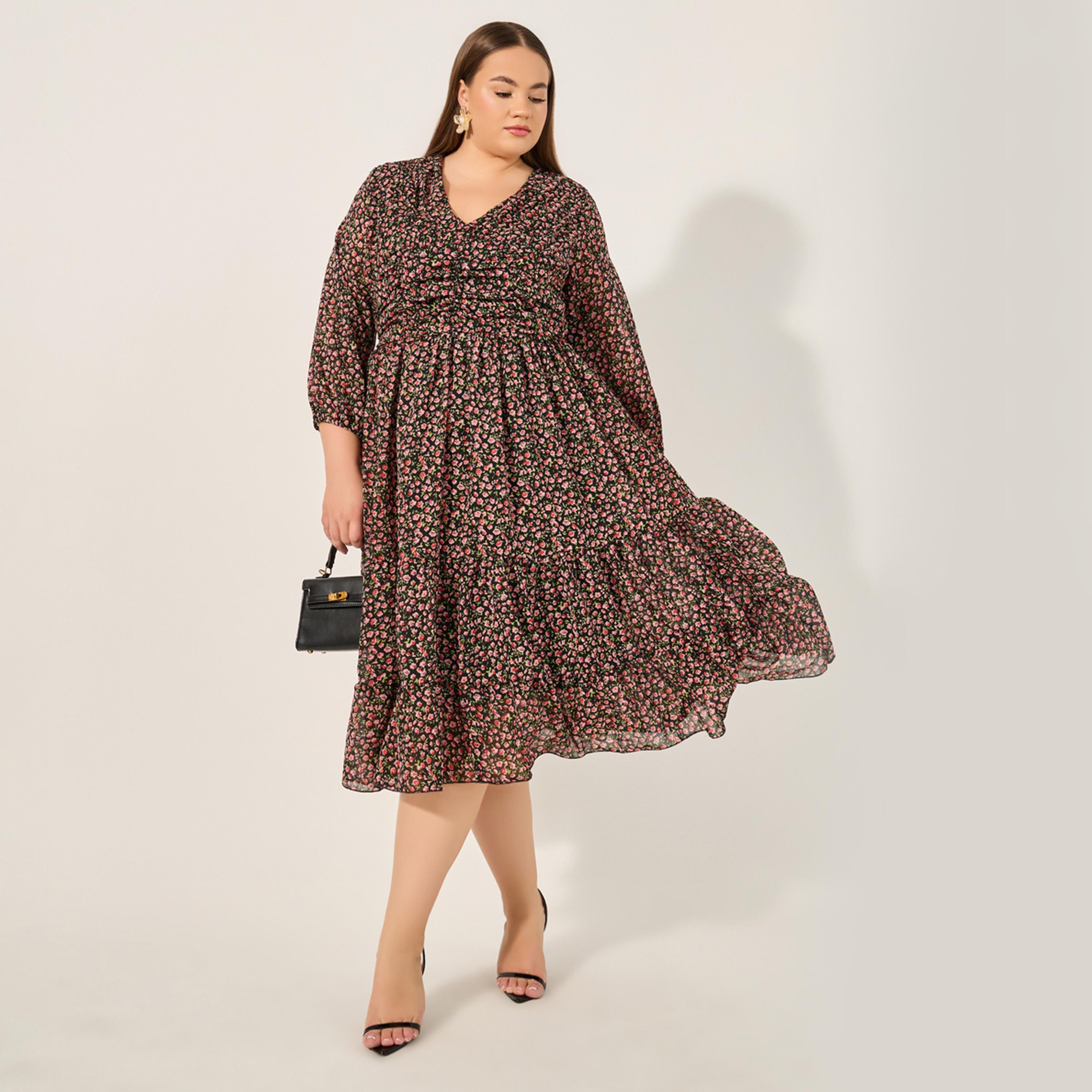 ستايلي - فستان ميدي بقصة A وطبعة زهور بمقاس كبير-women-clothing-dresses-image-1
