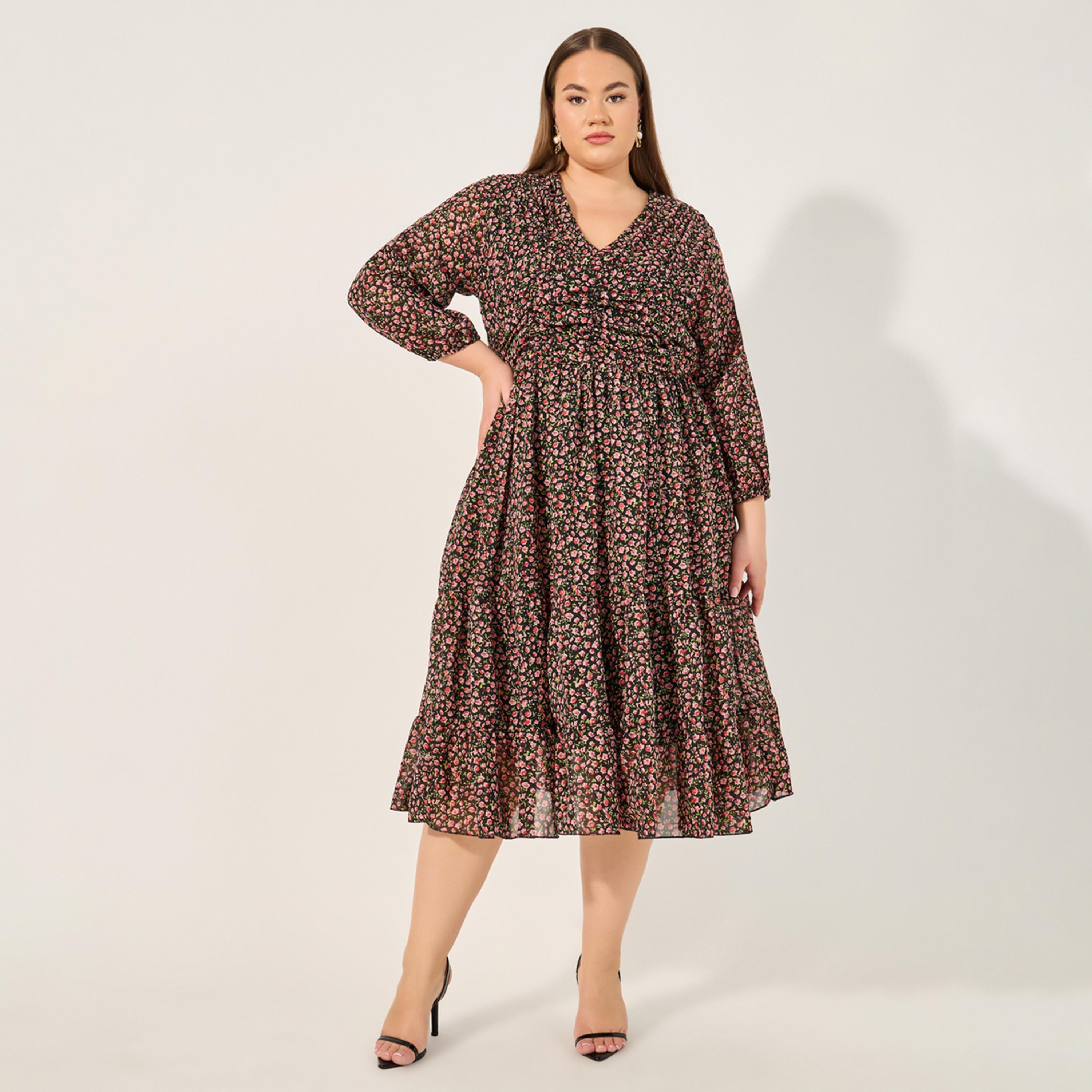 ستايلي - فستان ميدي بقصة A وطبعة زهور بمقاس كبير-women-clothing-dresses-image-2