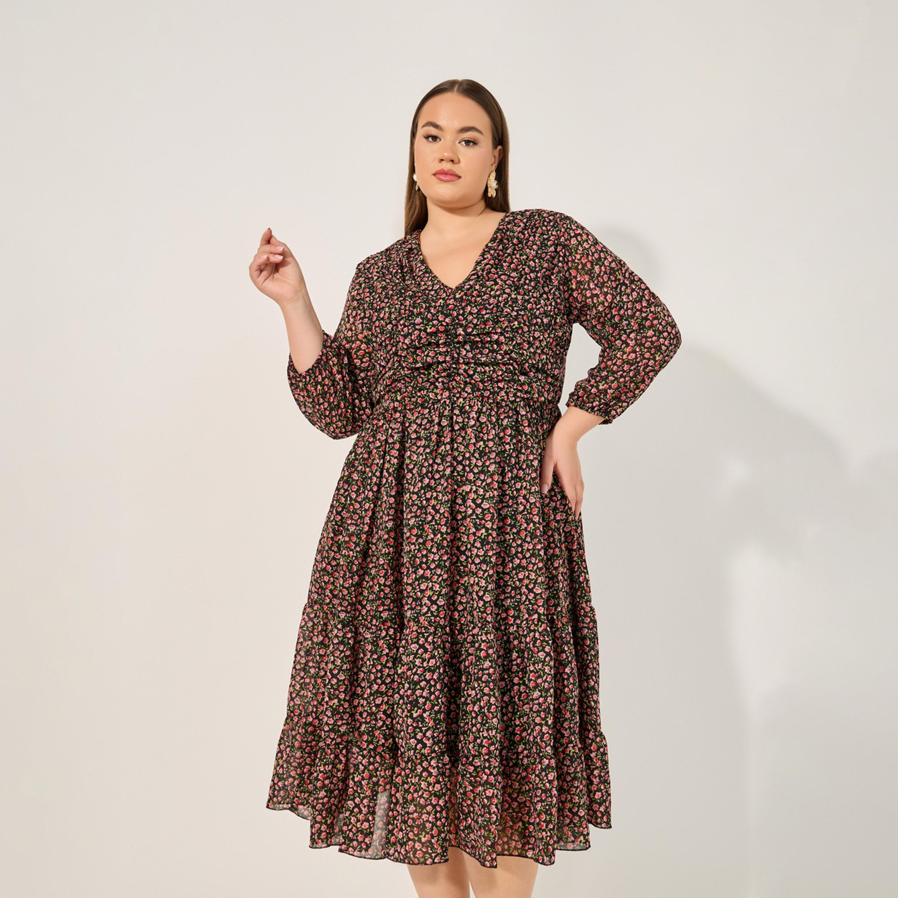 ستايلي - فستان ميدي بقصة A وطبعة زهور بمقاس كبير-women-clothing-dresses-image-3
