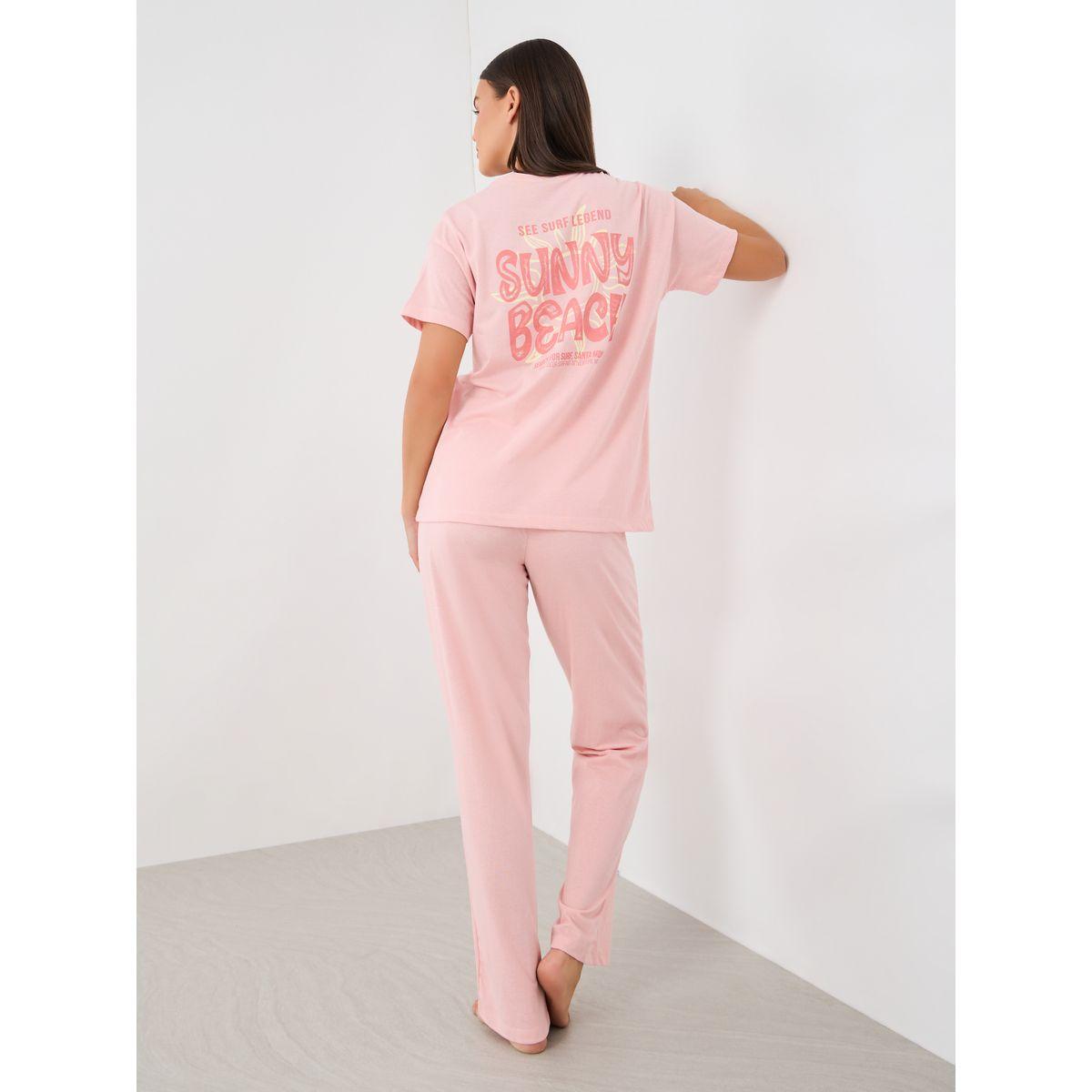 Styli Beach Graphic Pocket Dropped Shoulder T-Shirt and Straight Pyjama Set-women-clothing-nightwear-pyjamas-longsets-image-1
