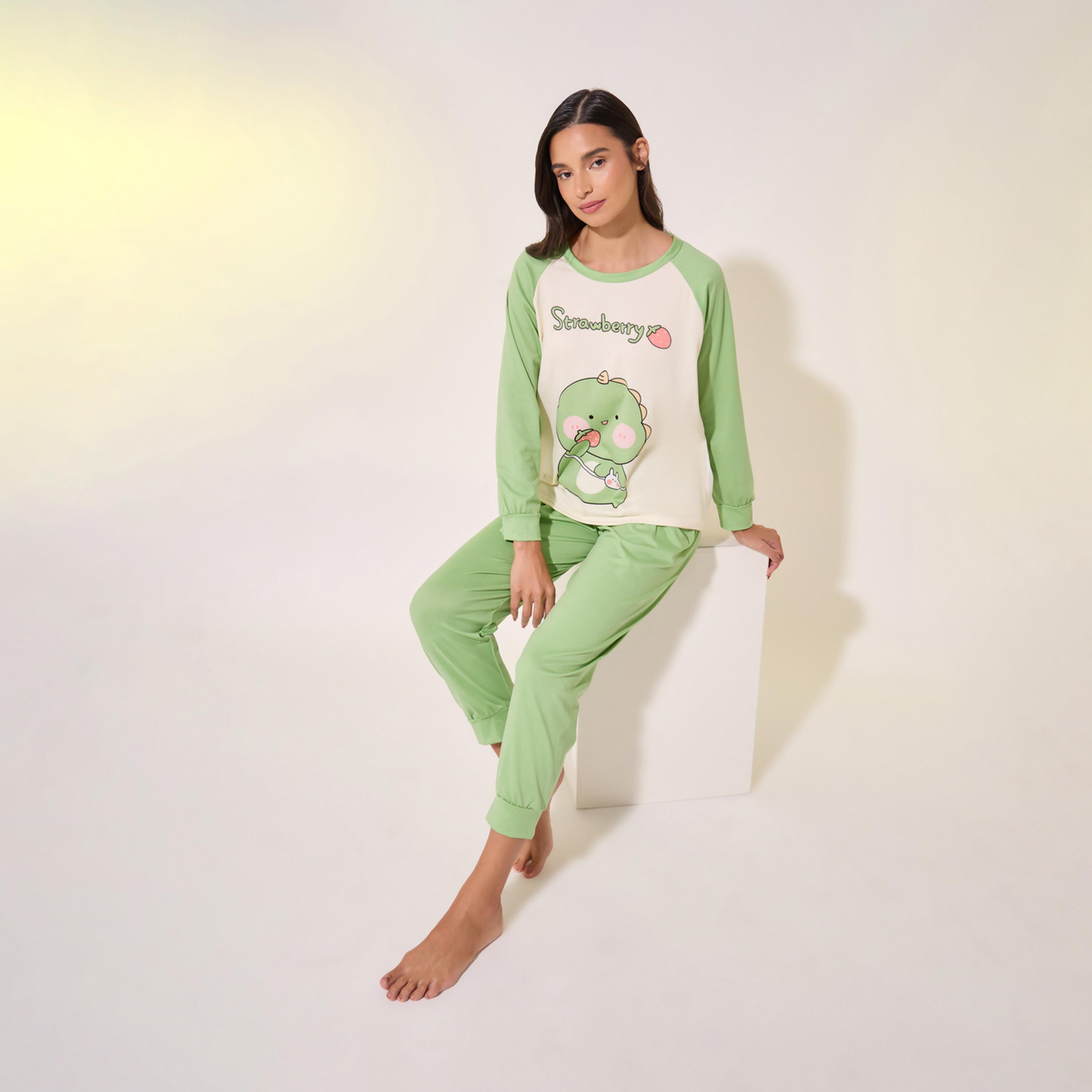 Take Two Graphic Print Raglan Sleeve Round Neck T-Shirt and Pyjama Set-women-clothing-nightwear-pyjamas-longsets-image-1