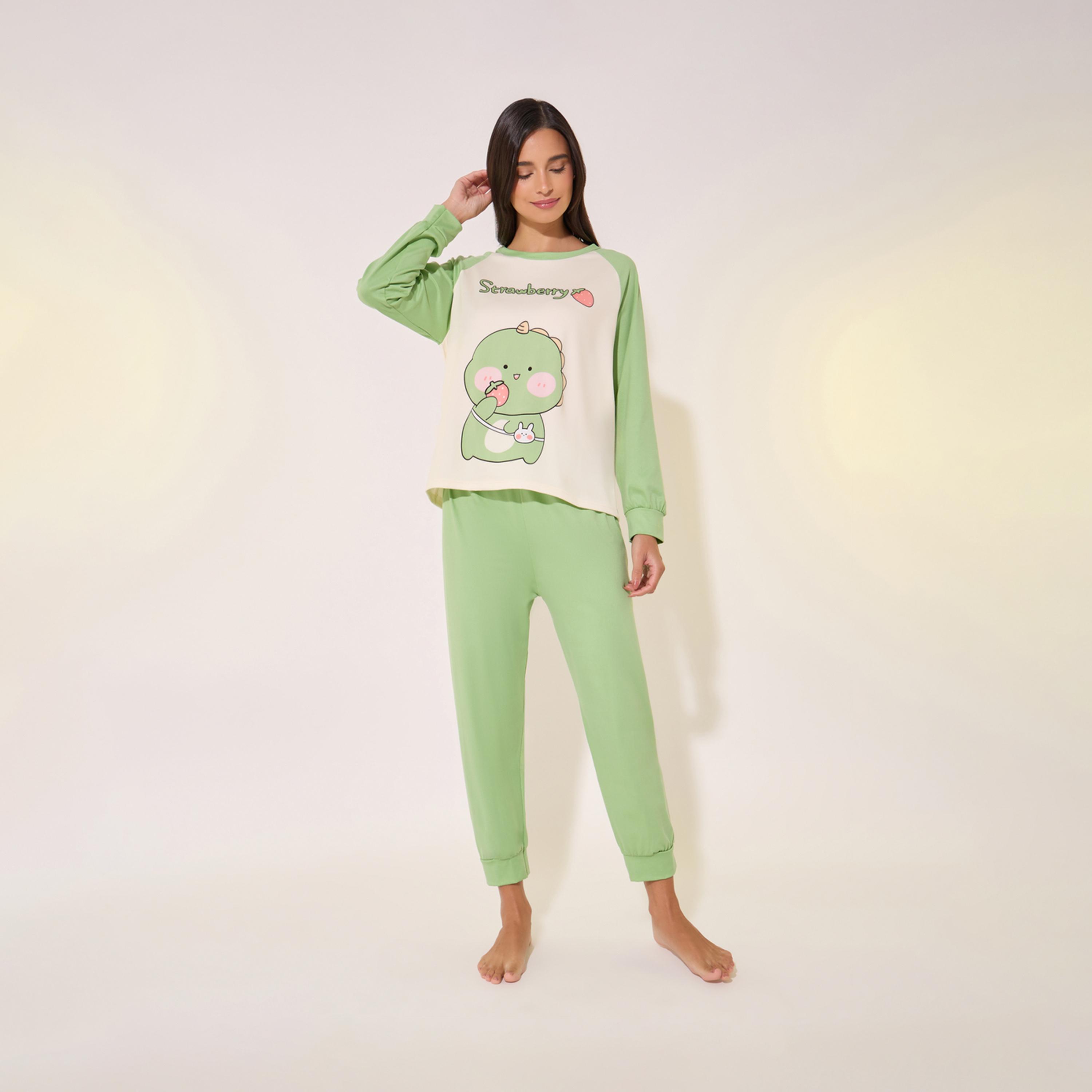 Take Two Graphic Print Raglan Sleeve Round Neck T-Shirt and Pyjama Set-women-clothing-nightwear-pyjamas-longsets-image-2