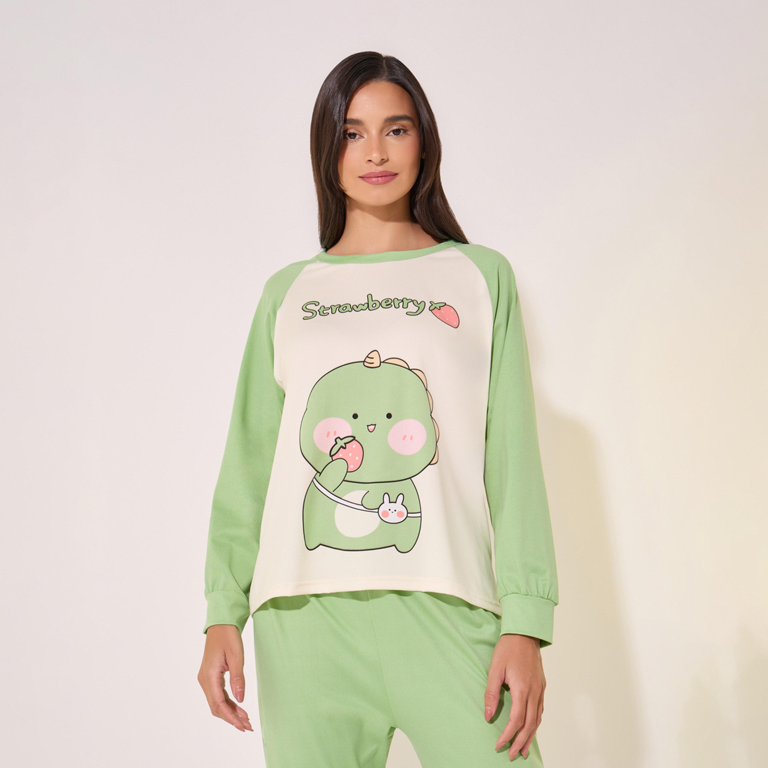 Take Two Graphic Print Raglan Sleeve Round Neck T-Shirt and Pyjama Set-women-clothing-nightwear-pyjamas-longsets-image-3