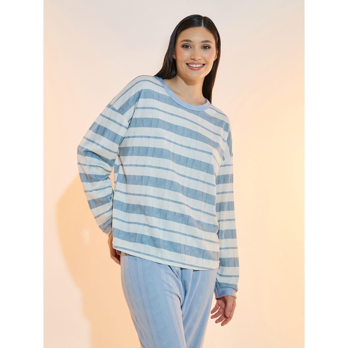 طقم من بنطال بيجاما وتيشيرت مخطط بأكتاف منخفضة-women-clothing-nightwear-pyjamas-longsets-image-2