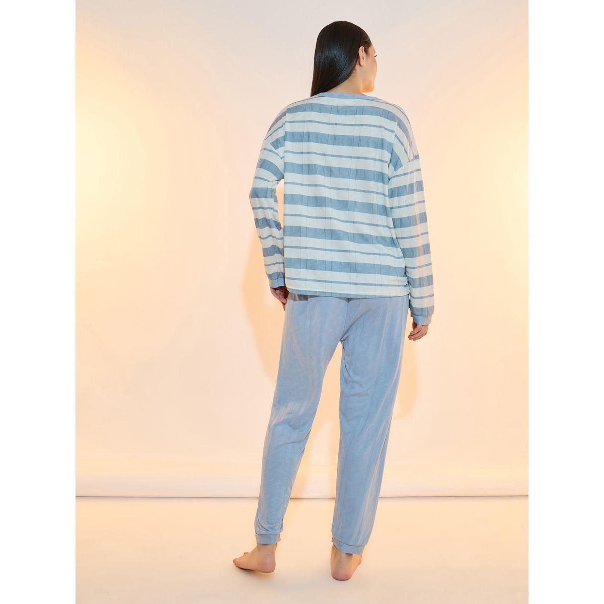 Take Two Textured Striped Print Dropped Shoulder T-Shirt and Pyjama Set-women-clothing-nightwear-pyjamas-longsets-image-4
