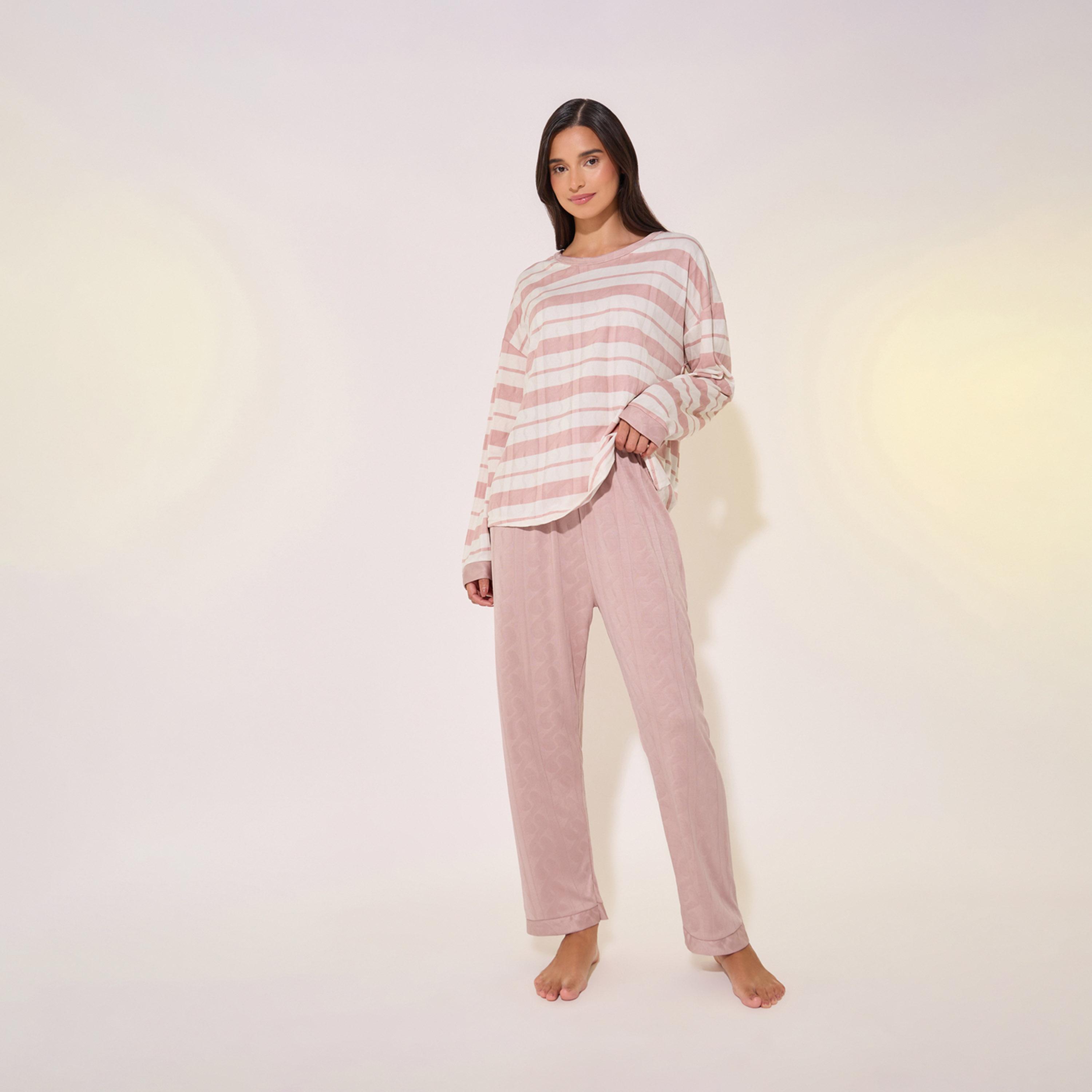 Take Two Texture Striped Round Neck T-Shirt and Pyjama Set-women-clothing-nightwear-pyjamas-longsets-image-1