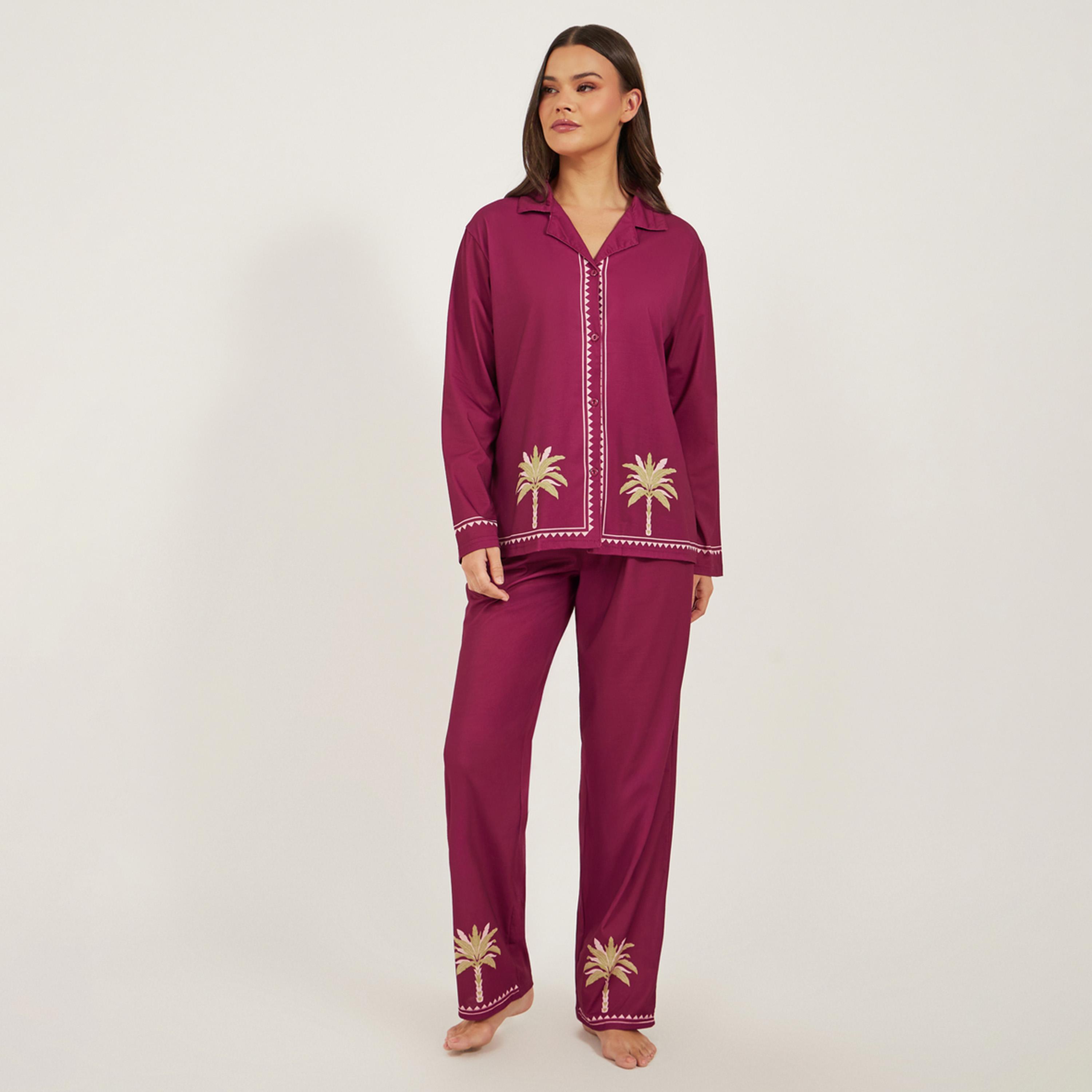 Styli Palm Placement Printed Shirt and Pyjama Pants Set-women-clothing-nightwear-pyjamas-longsets-image-1