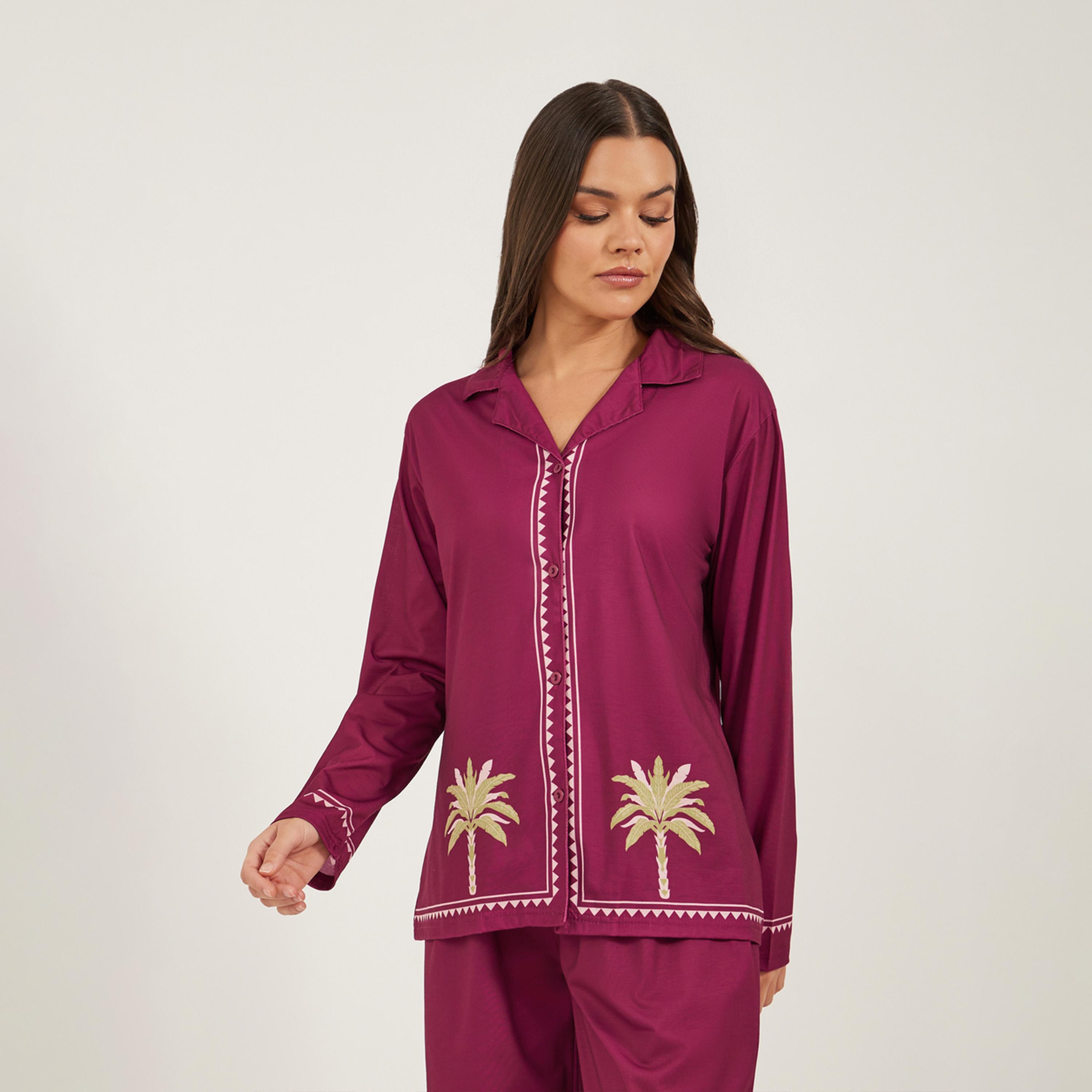 Styli Palm Placement Printed Shirt and Pyjama Pants Set-women-clothing-nightwear-pyjamas-longsets-image-2