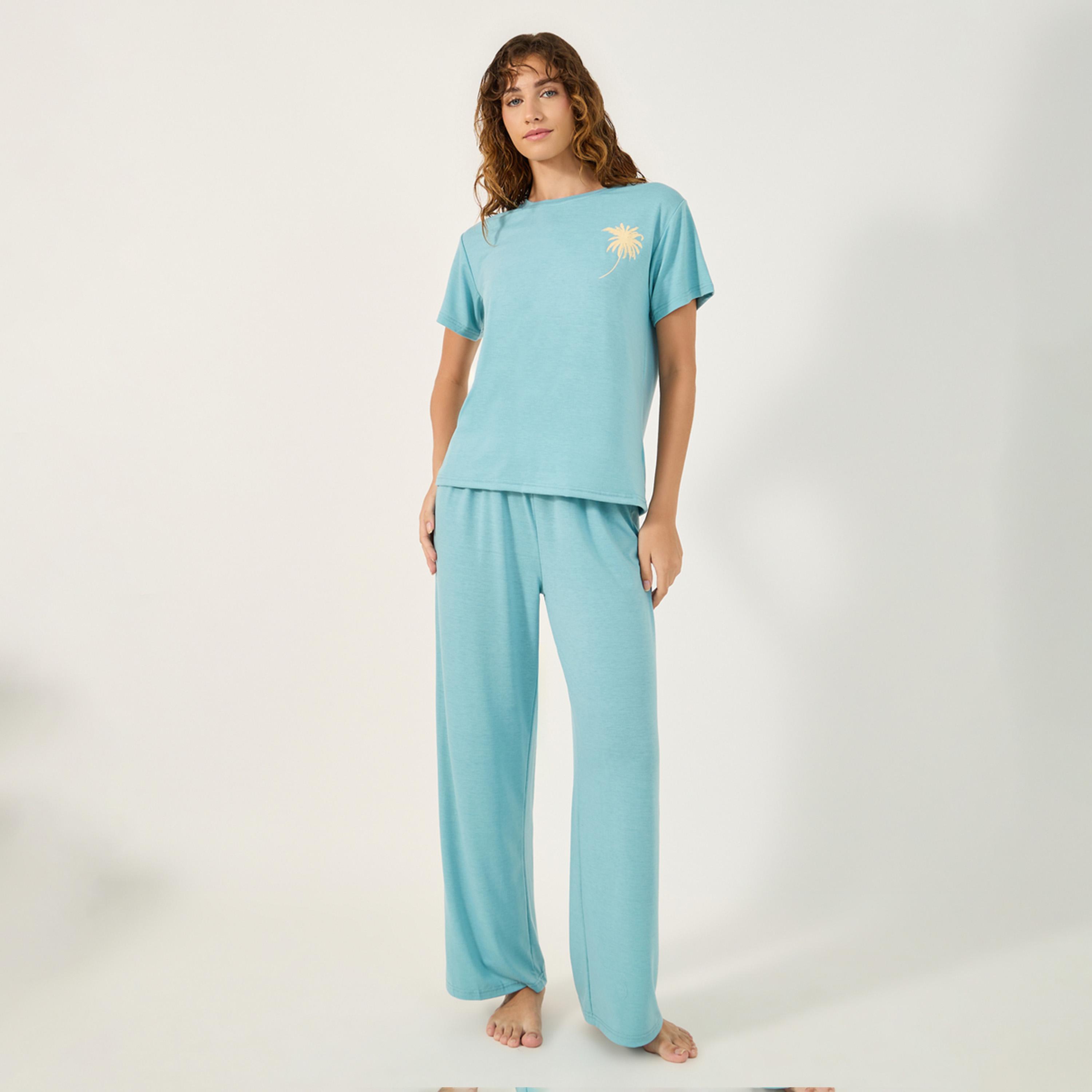 Styli Graphic Print Round Neck T-Shirt and Pyjama Set-women-clothing-nightwear-pyjamas-longsets-image-1