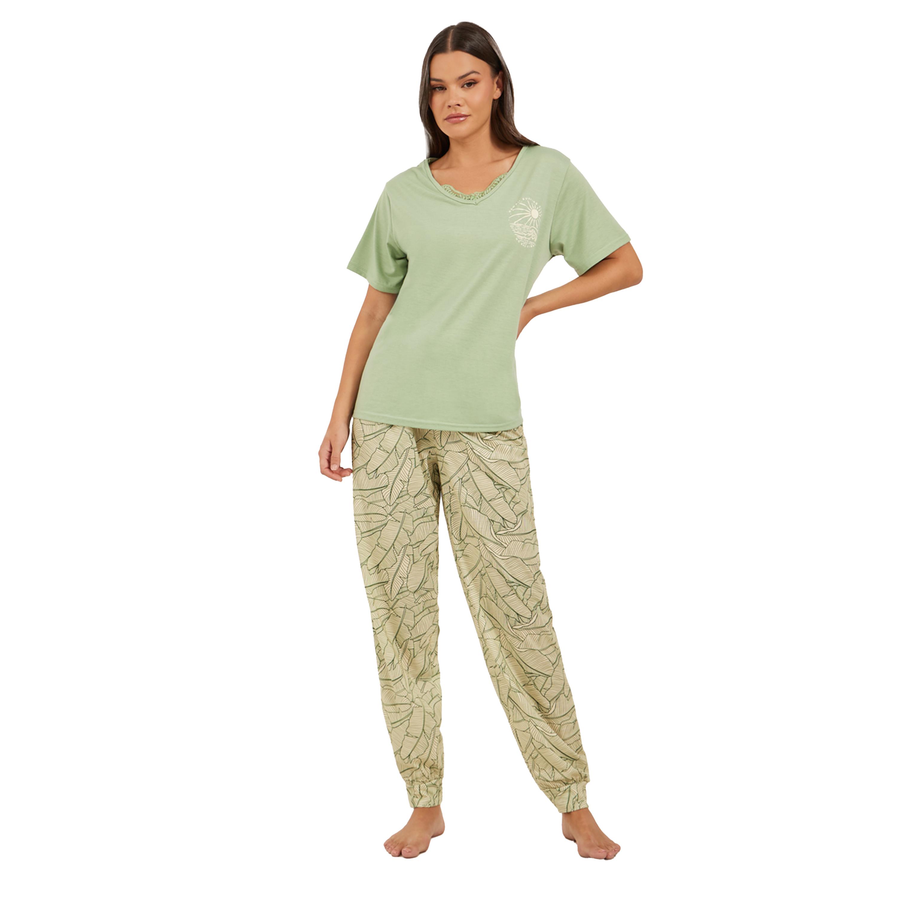Styli Printed V Neck Lace Trim T-Shirt and Cuffed Pyjama Set-women-clothing-nightwear-pyjamas-longsets-image-1