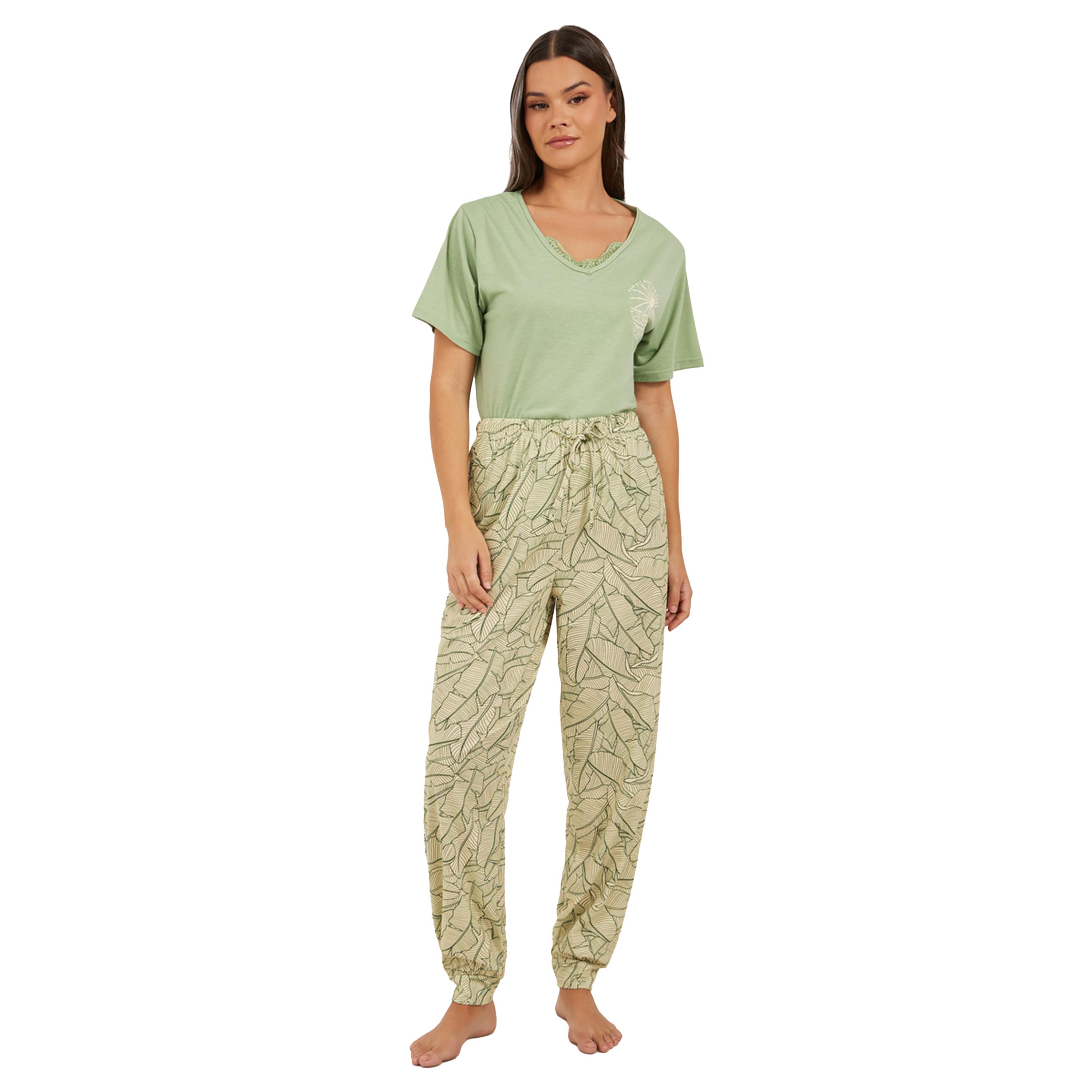 Styli Printed V Neck Lace Trim T-Shirt and Cuffed Pyjama Set-women-clothing-nightwear-pyjamas-longsets-image-2