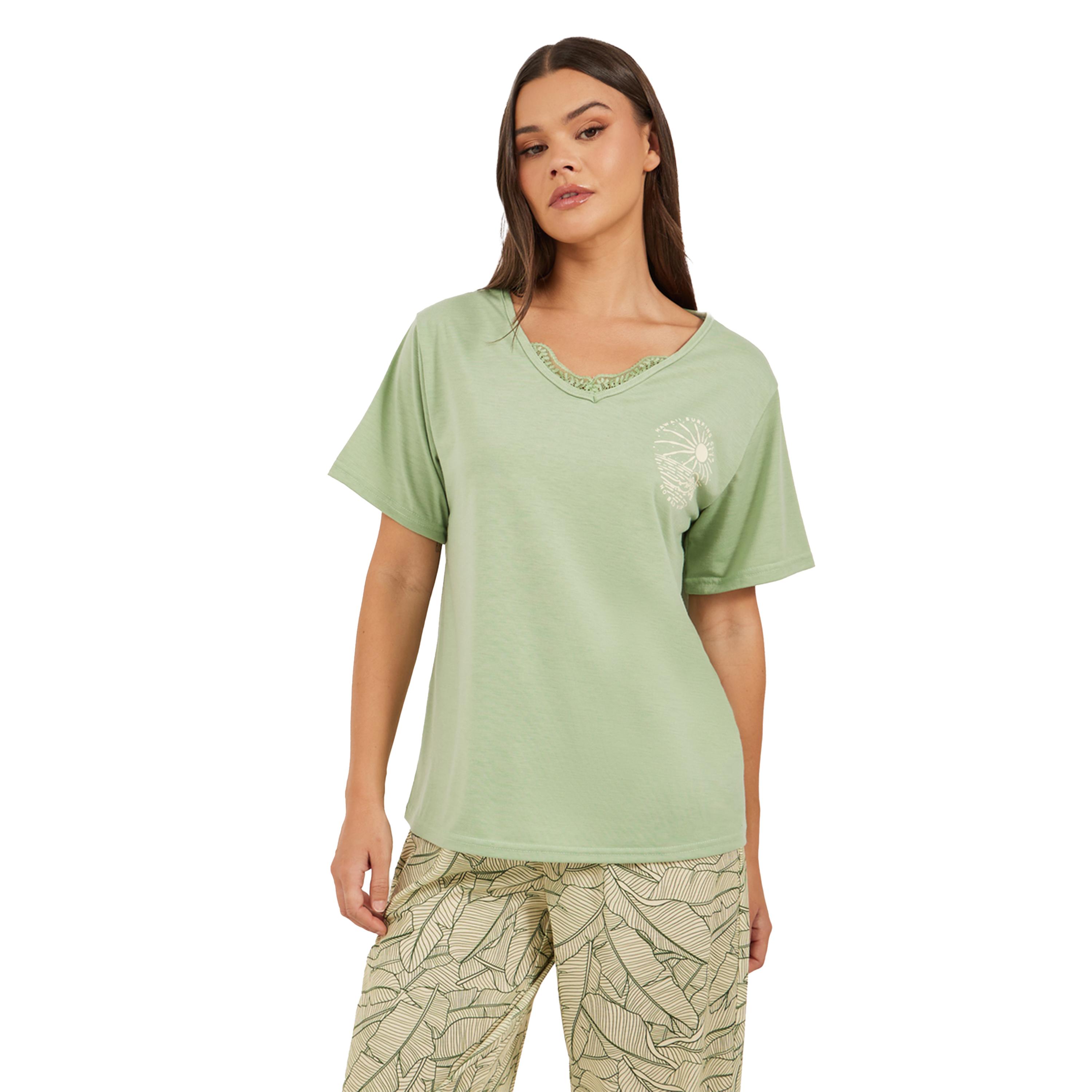 Styli Printed V Neck Lace Trim T-Shirt and Cuffed Pyjama Set-women-clothing-nightwear-pyjamas-longsets-image-3
