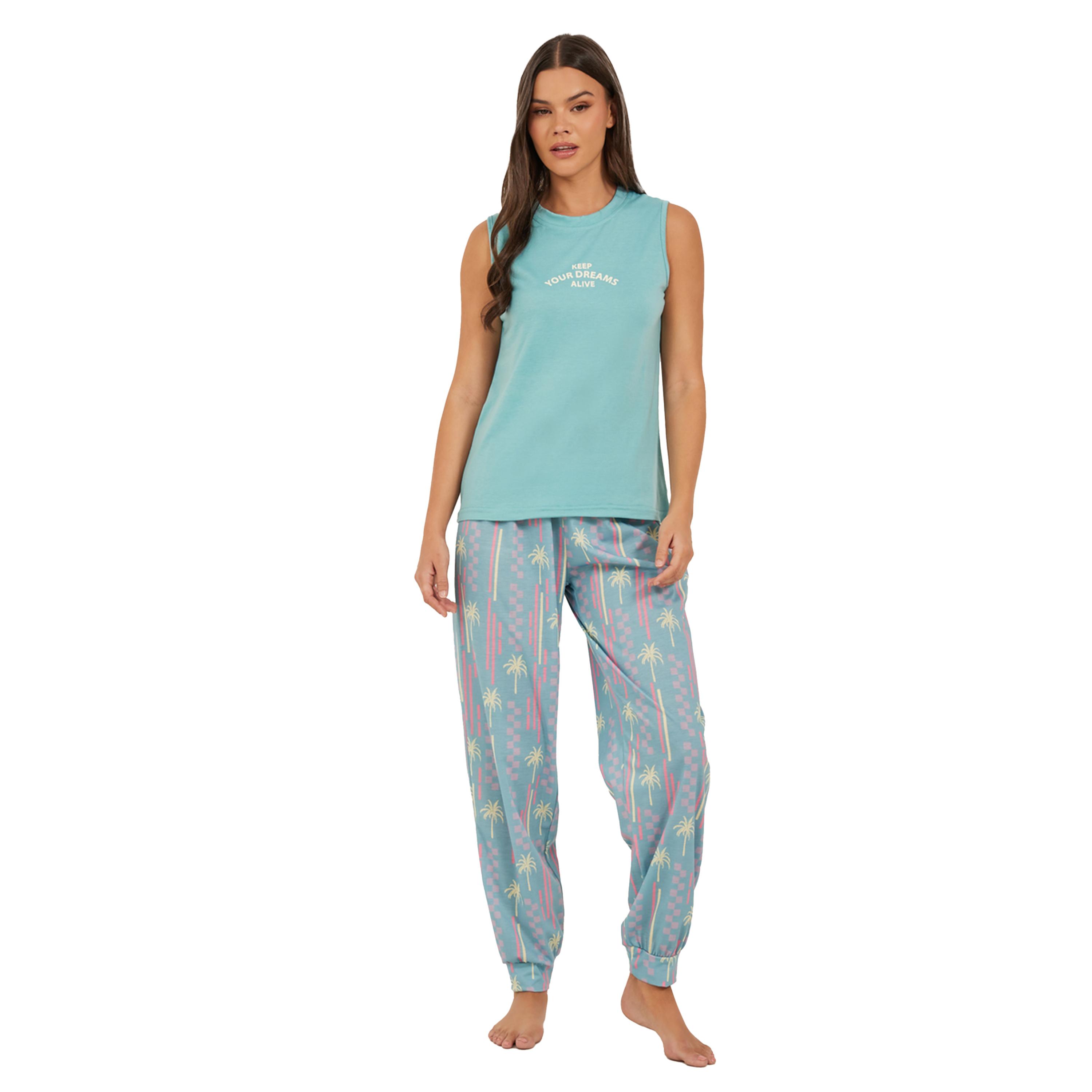 Styli Slogan Print Tank and Palm Print Cuffed Pyjama Set-women-clothing-nightwear-pyjamas-longsets-image-1