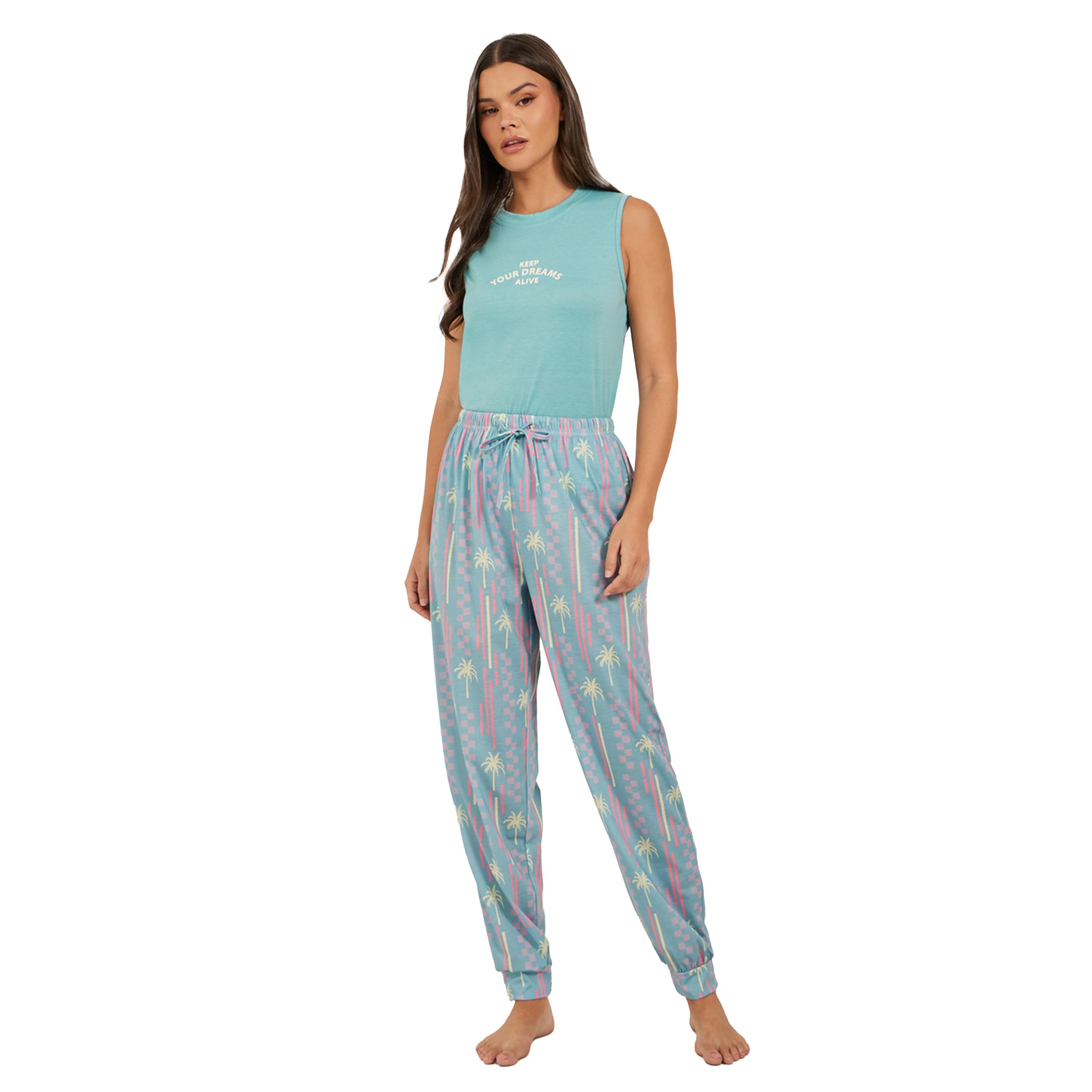 Styli Slogan Print Tank and Palm Print Cuffed Pyjama Set-women-clothing-nightwear-pyjamas-longsets-image-2