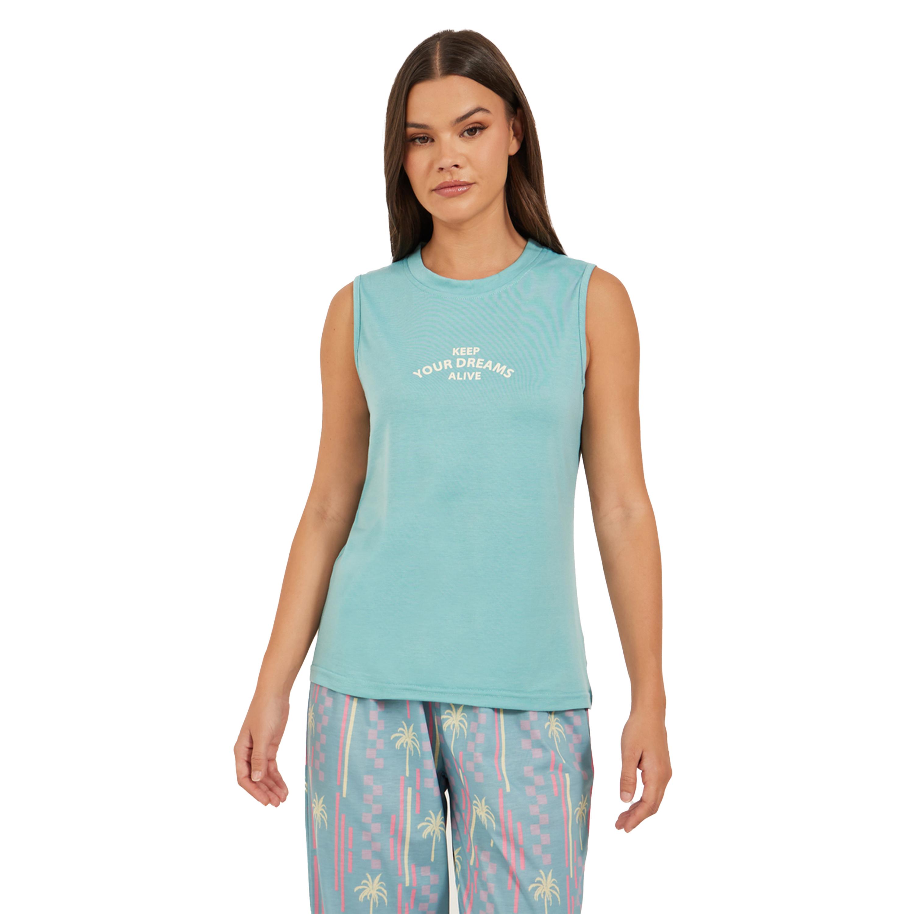 Styli Slogan Print Tank and Palm Print Cuffed Pyjama Set-women-clothing-nightwear-pyjamas-longsets-image-3